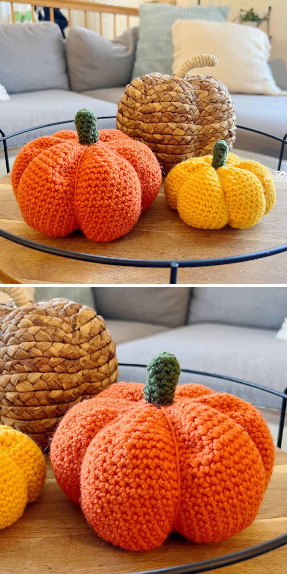 two crocheted pumpkins in orange and in yellow