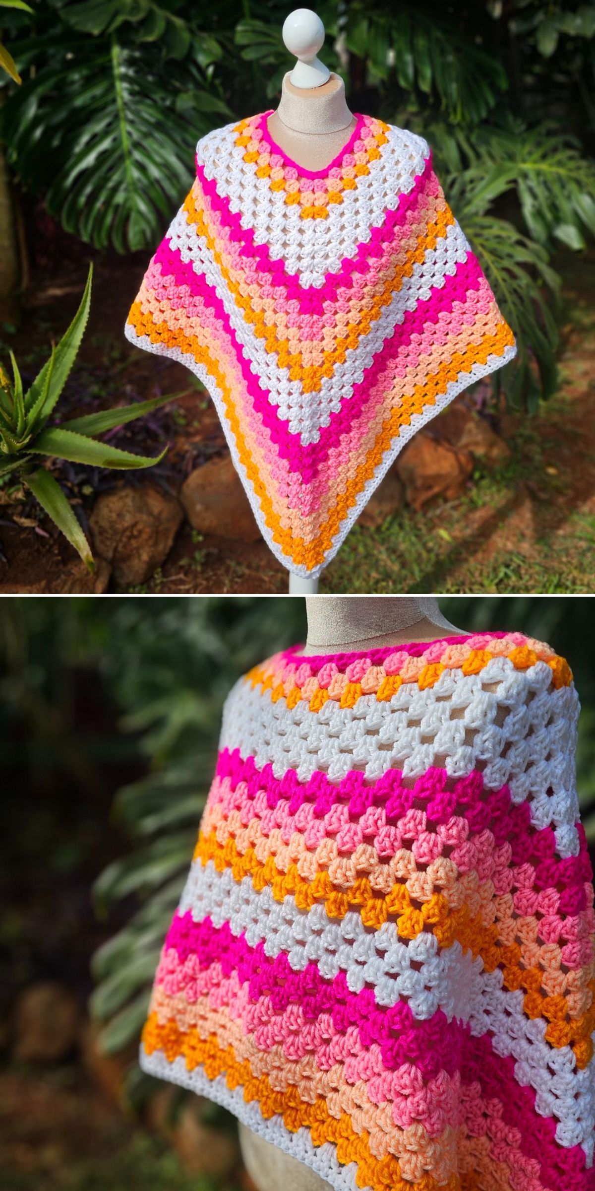 a vibrant crochet granny stitch poncho on a mannequin