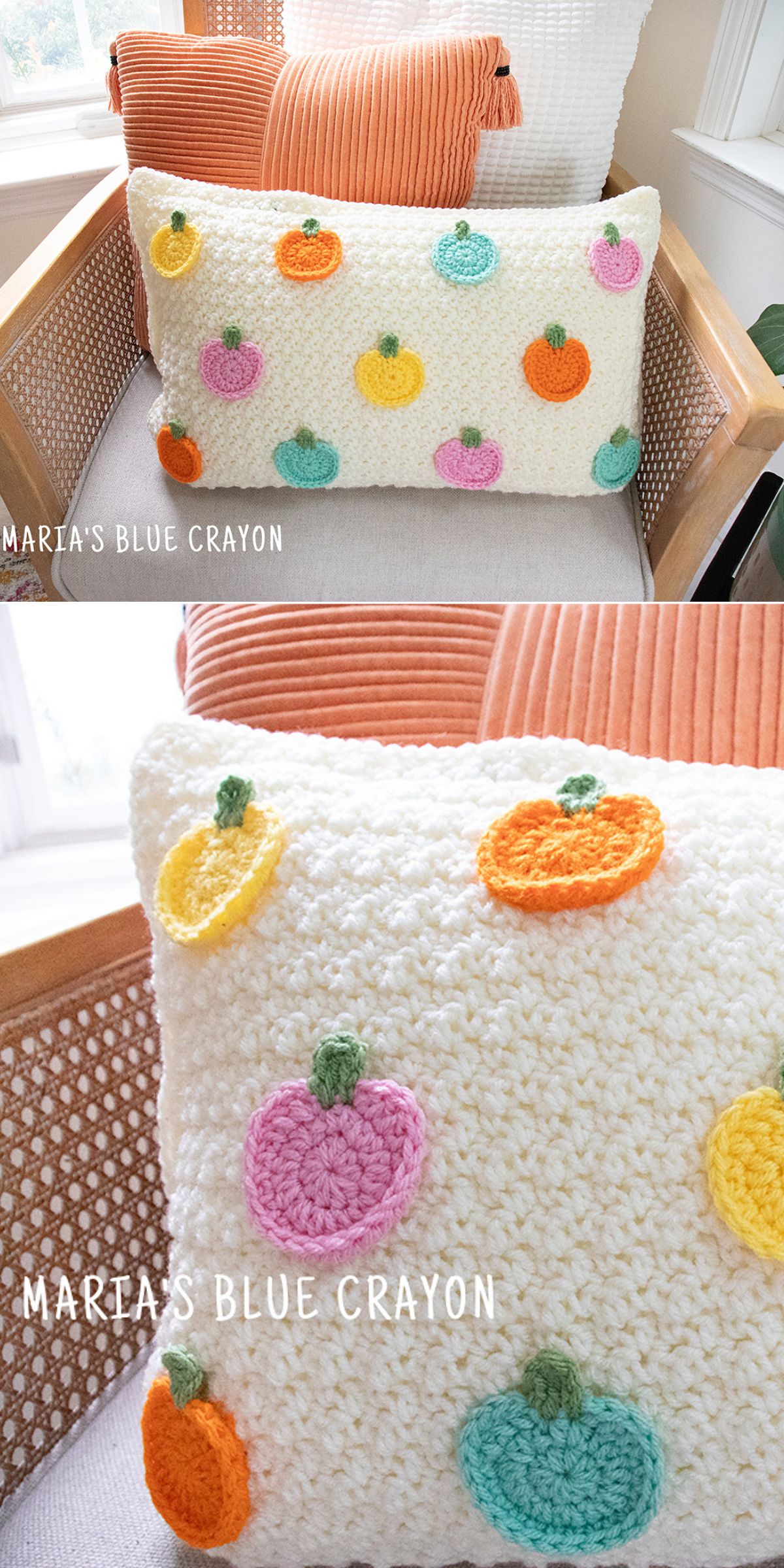 a rectangle-shaped crochet pillow with colorful pumpkin appliques