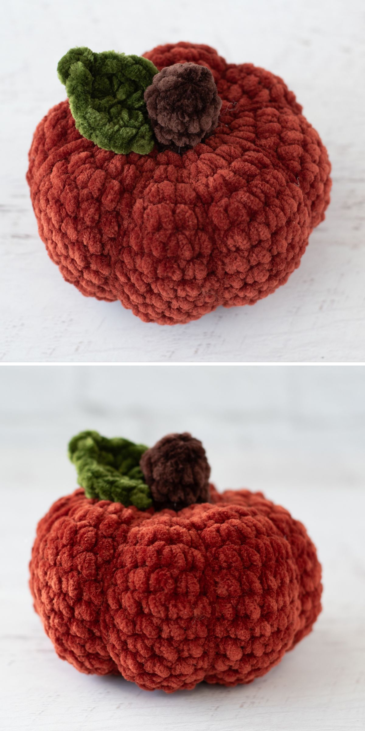 a crochet pumpkin amigurumi made with velvet yarn