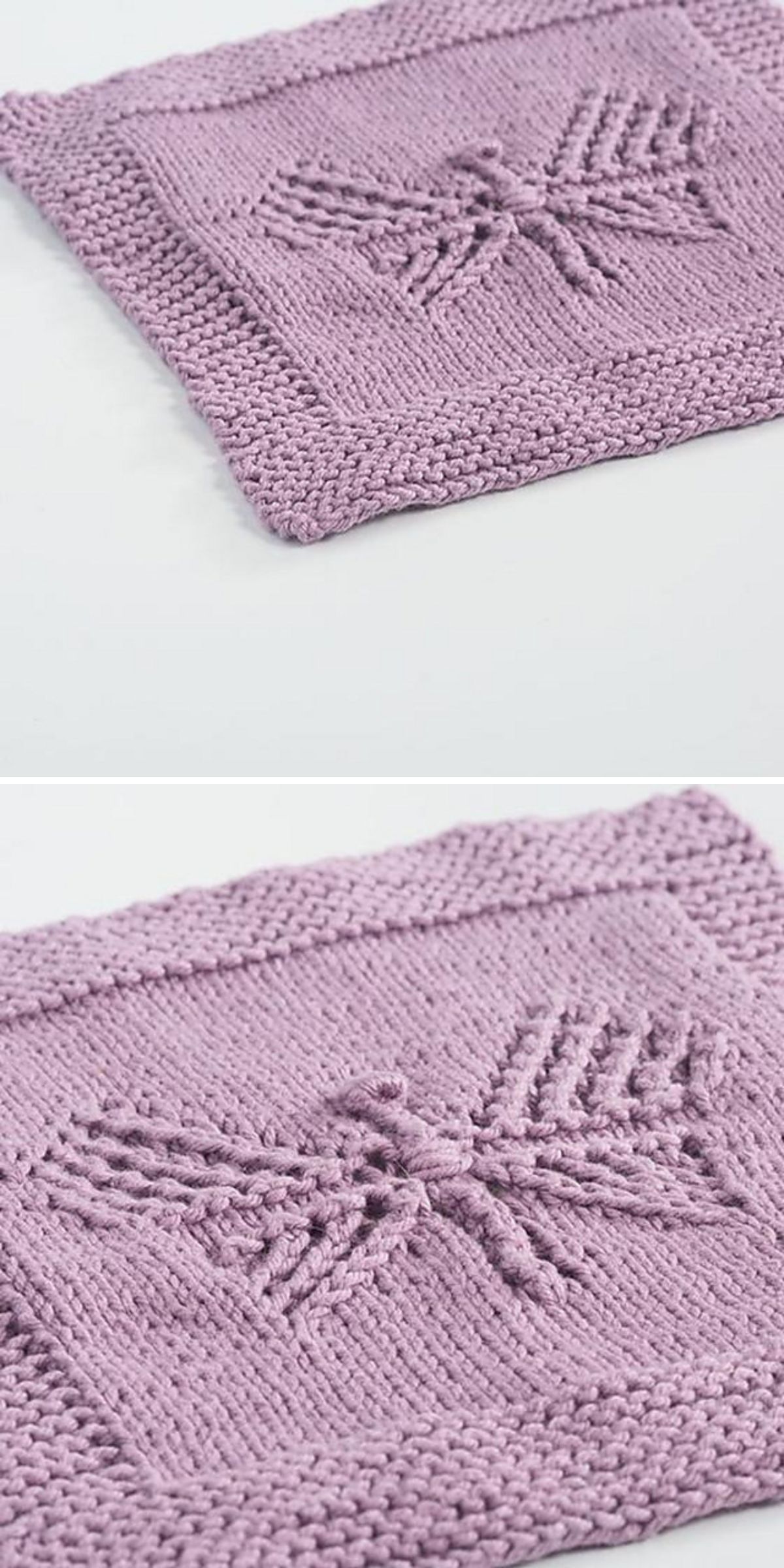 a lavender knitted dishcloth with a butterfly motif in the center