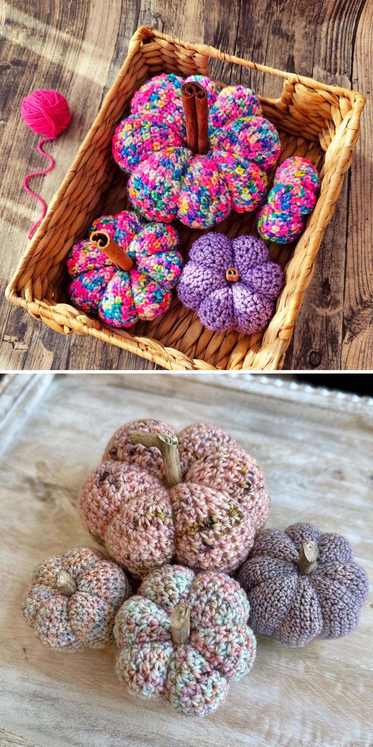 crochet pumpkins in variegated colorways, one pack in vibrant pink shades and the other group in soft pastels