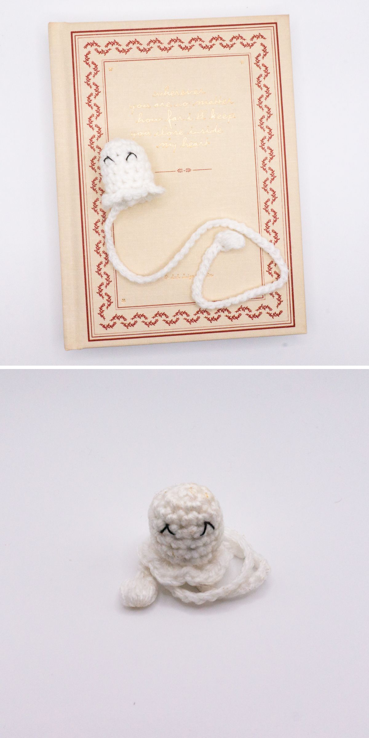 a crochet ghost bookmark