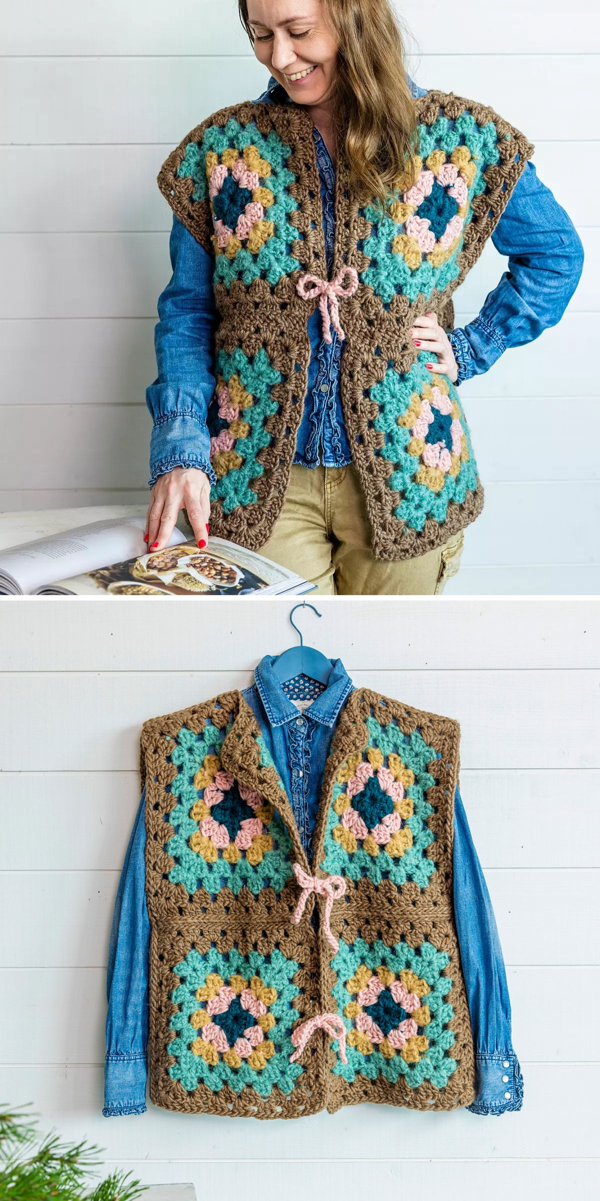 a crochet vest made of big granny squares