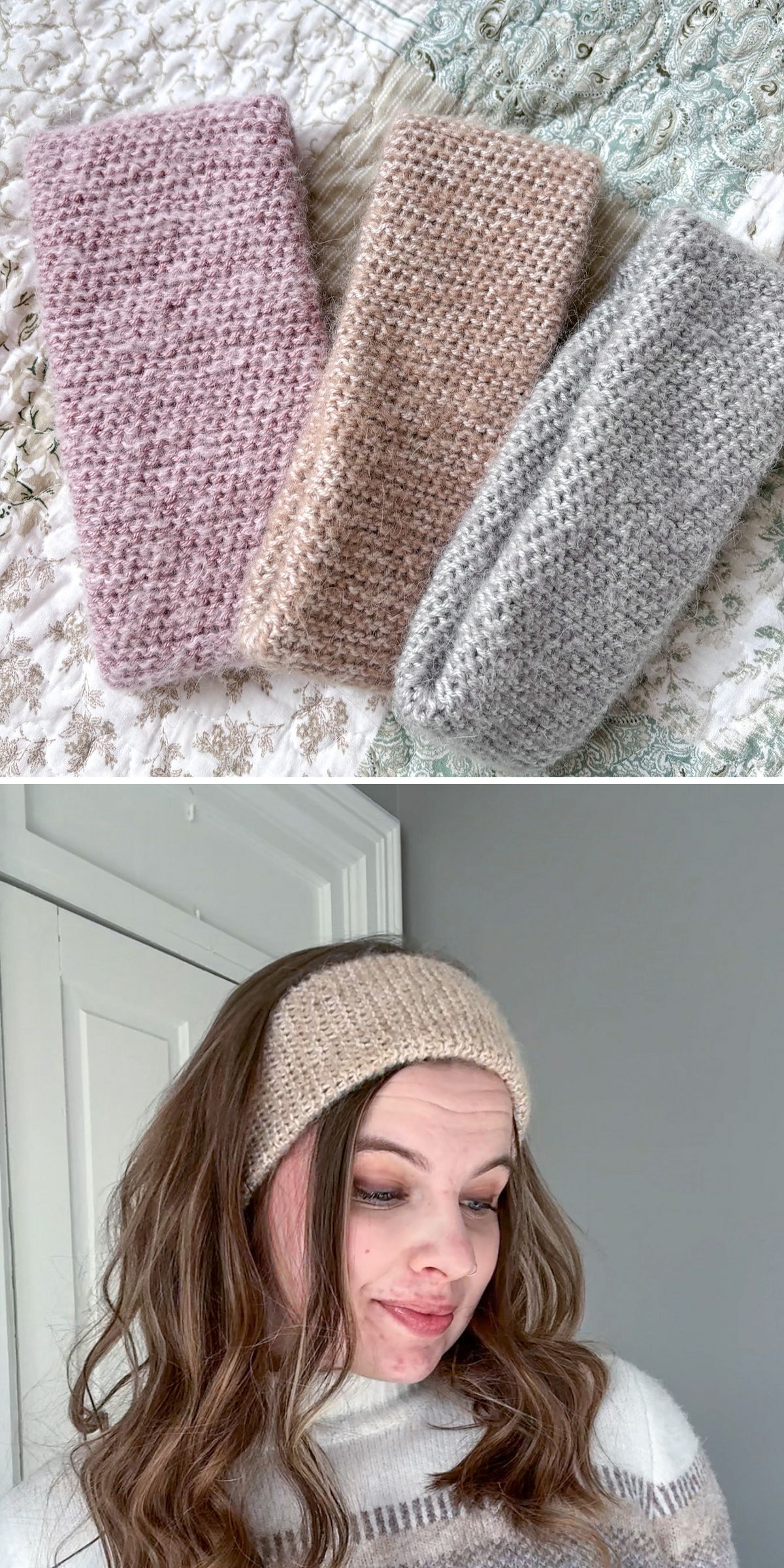 three crocheted headbands in neutral colors and solid texture