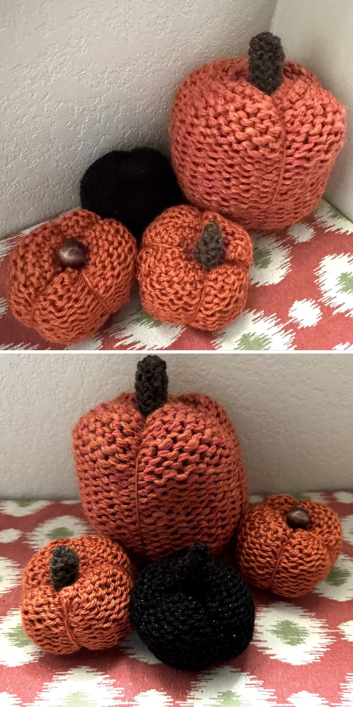 a set of knitted pumpkins in orange colors