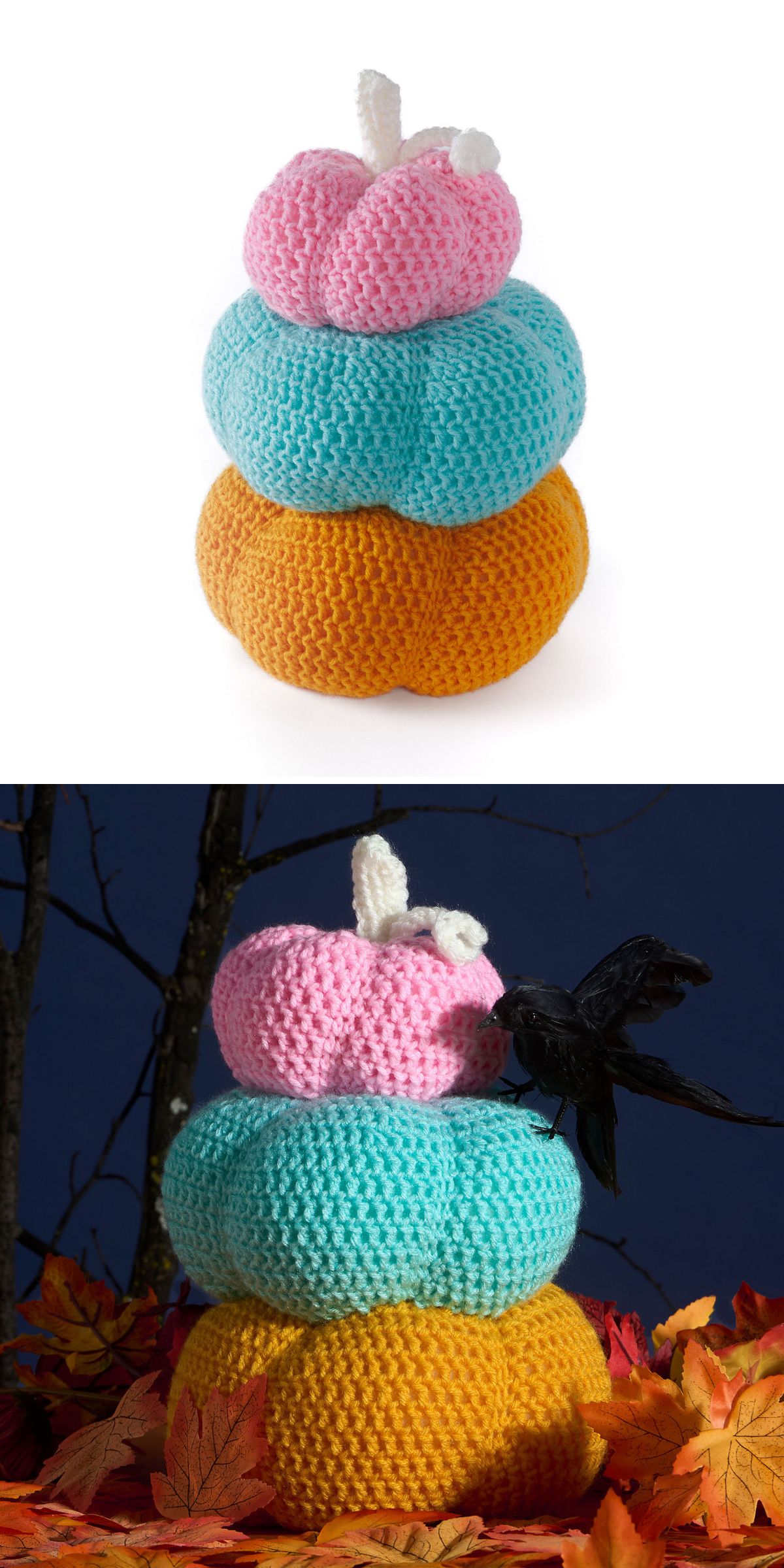 three differently colored crochet pumpkins piled one on another 