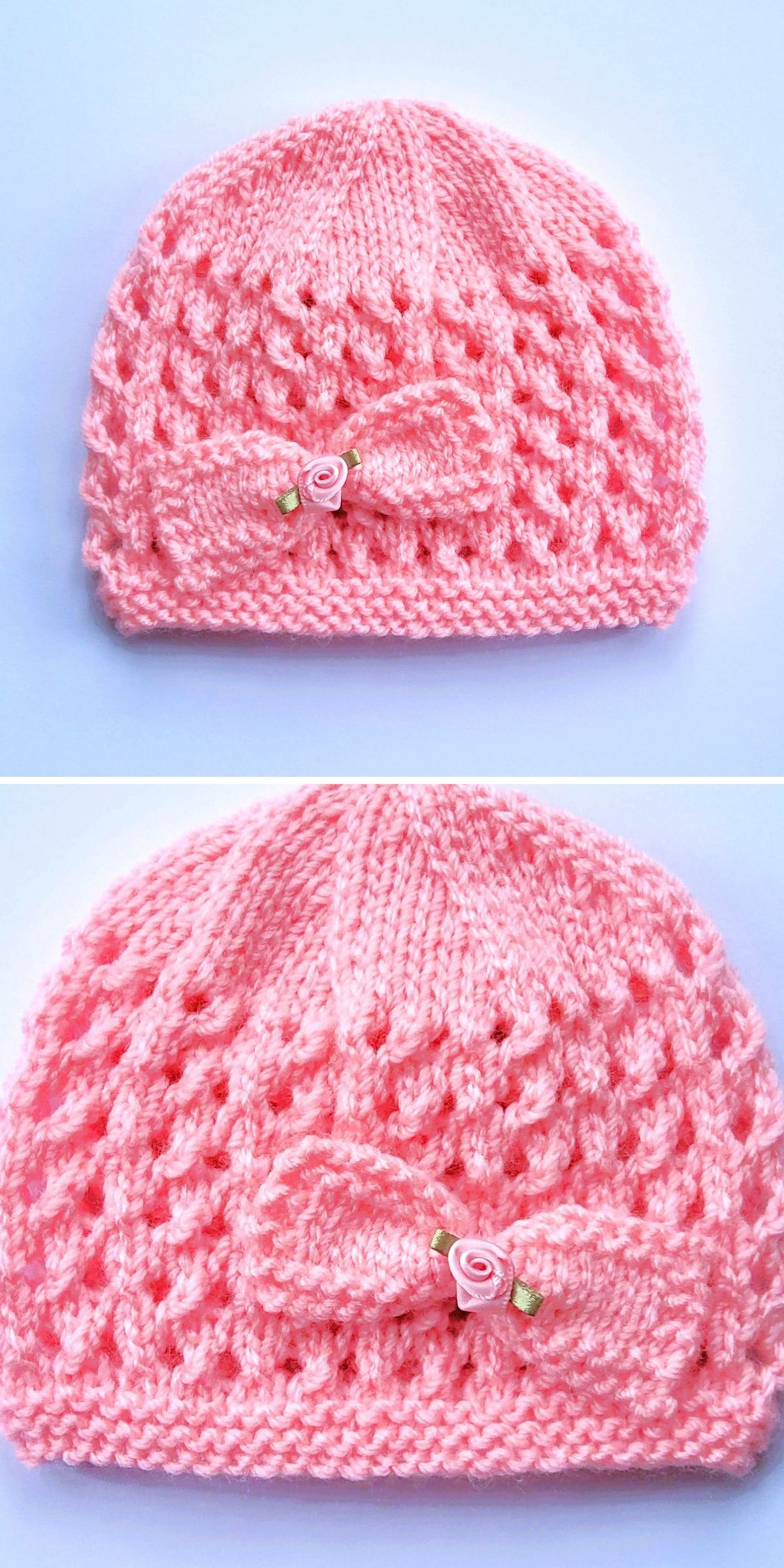 Pink knit baby hat, hand-knitted with a textured pattern and adorned with a decorative bow featuring a small pink rose, shown from two angles against a white background.