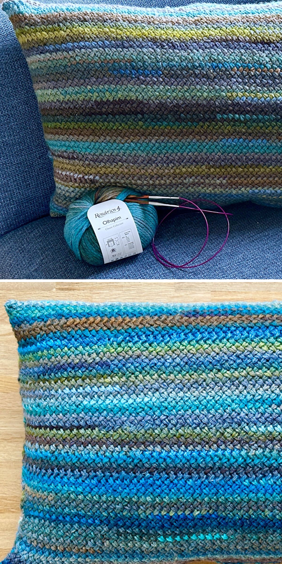a large knit pillow in blue variegated colorway
