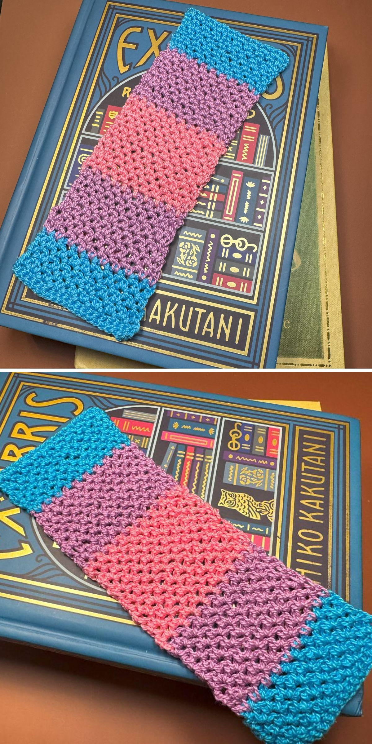 a multicolored crochet bookmark