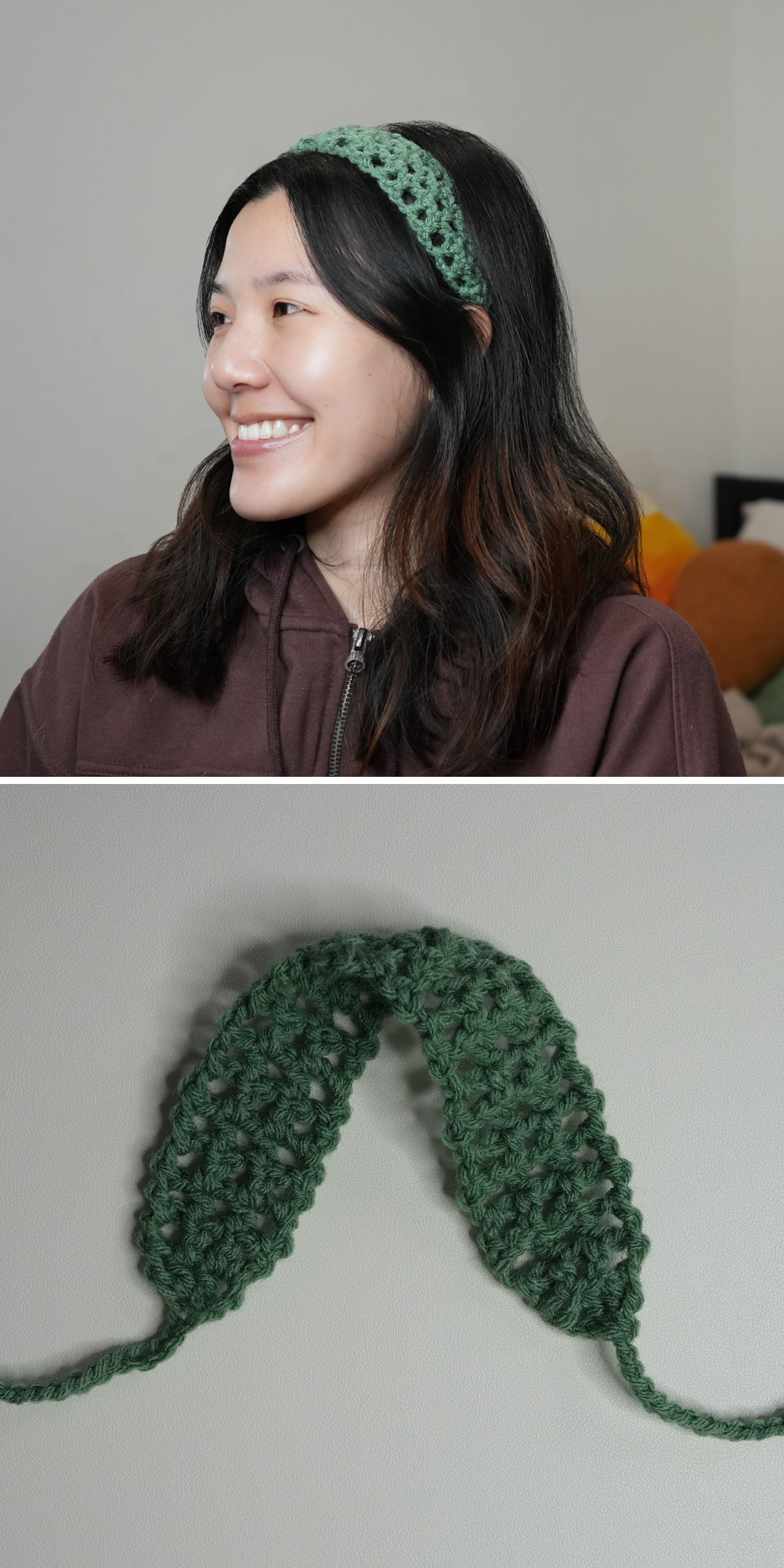 a green crochet headband with open stitches