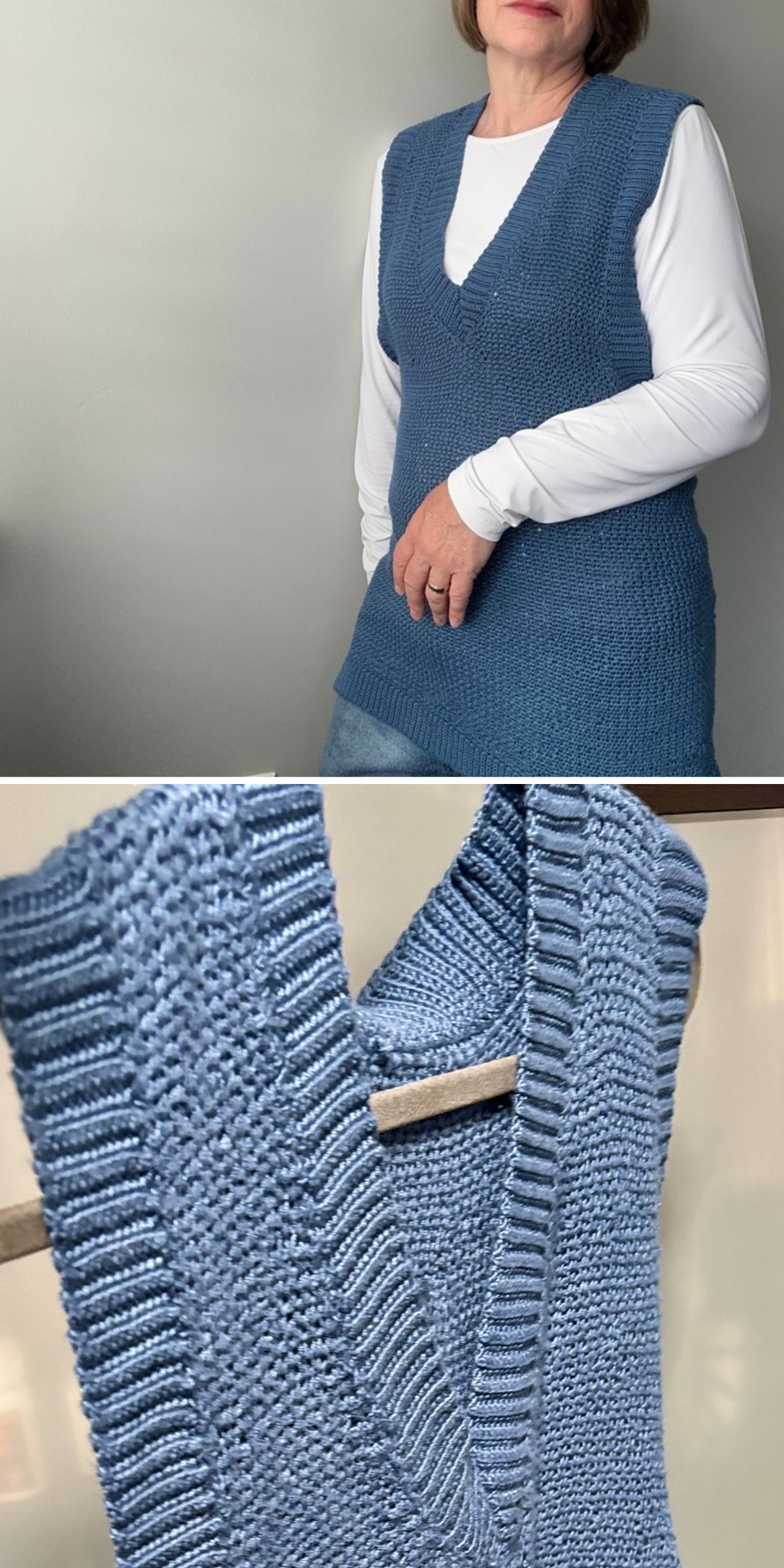 a blue crochet vest features a deep V-neck