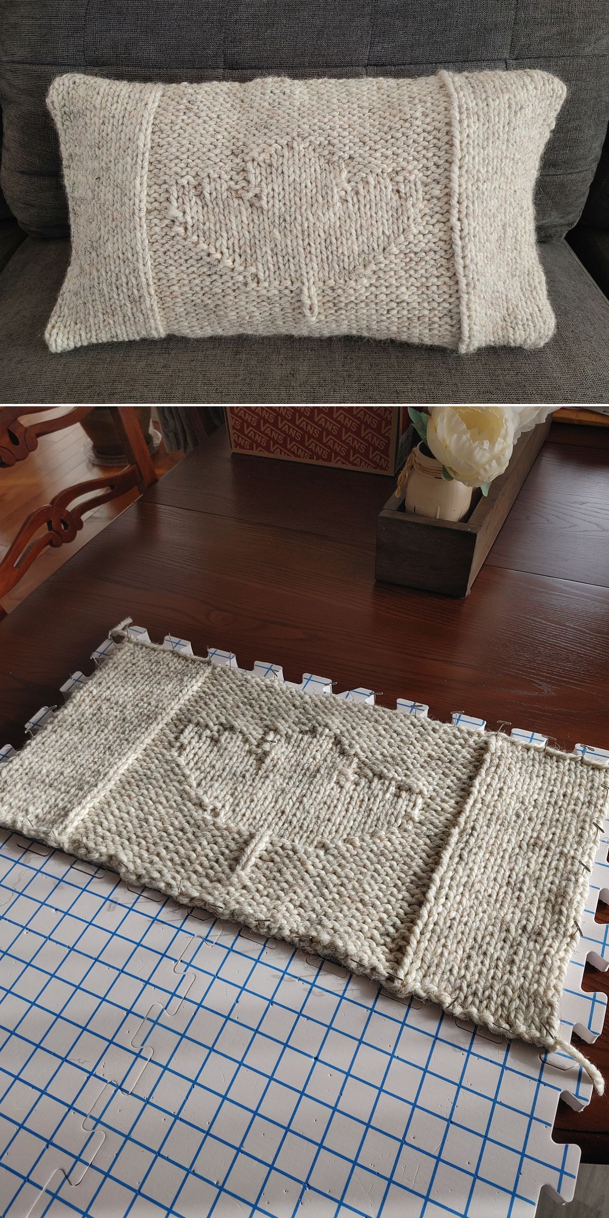 a knitted pillow cover with a big leaf motif