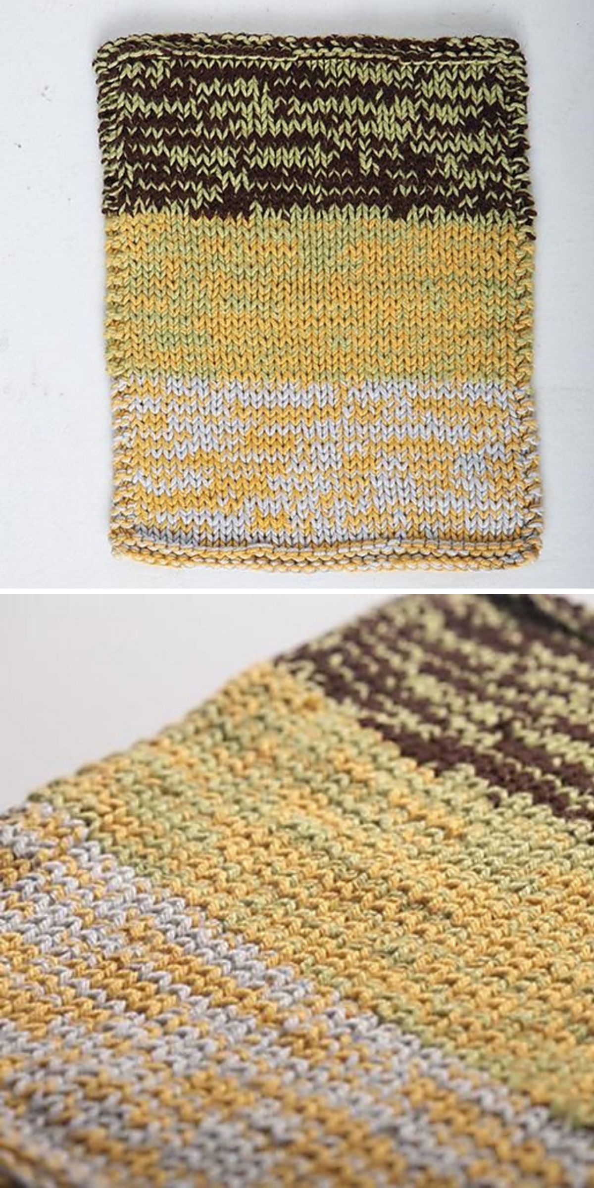 a knitted dishcloth worked in variegated yarn