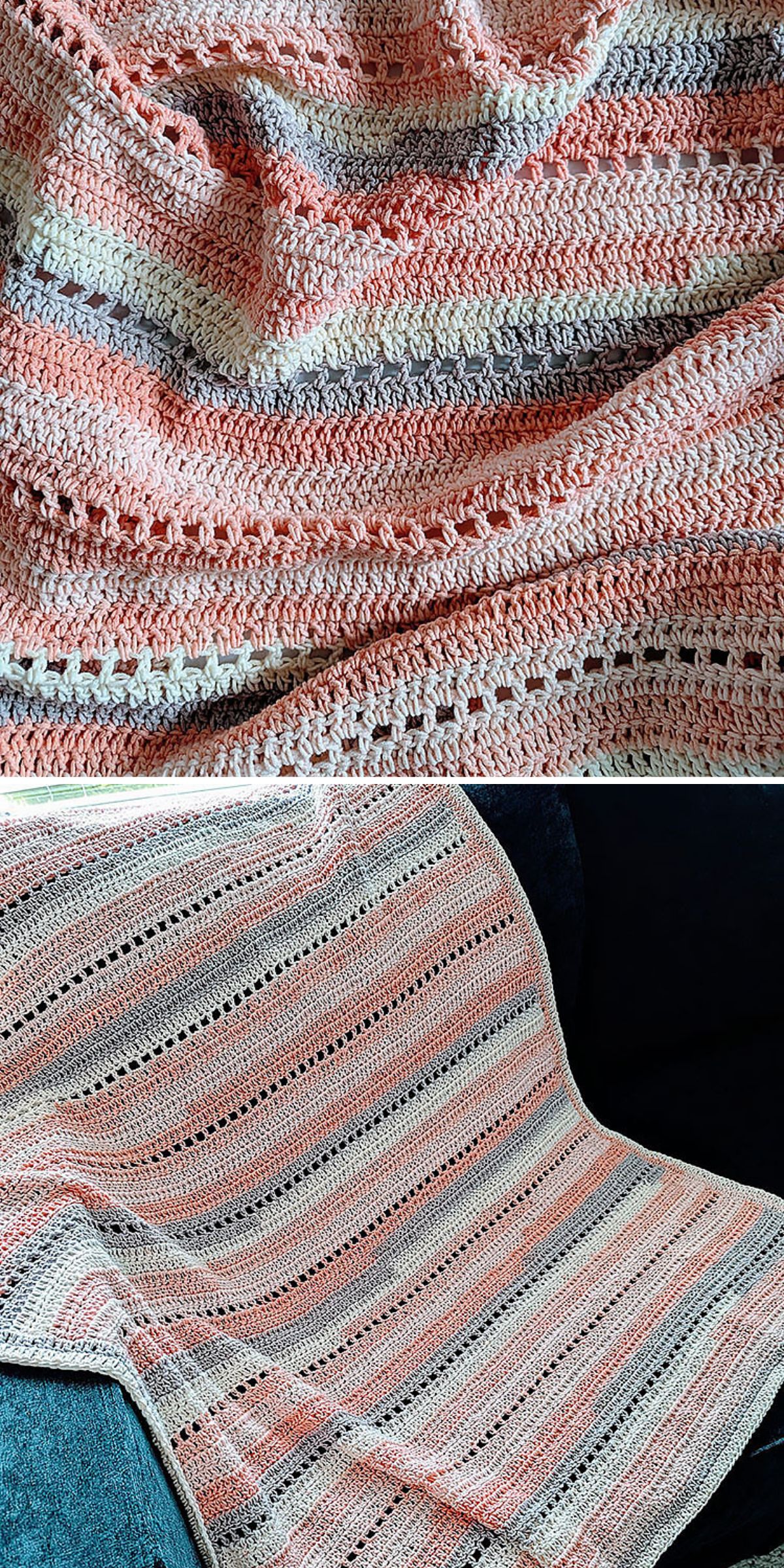 a crocheted blanket with stripes in pink, cream and grey