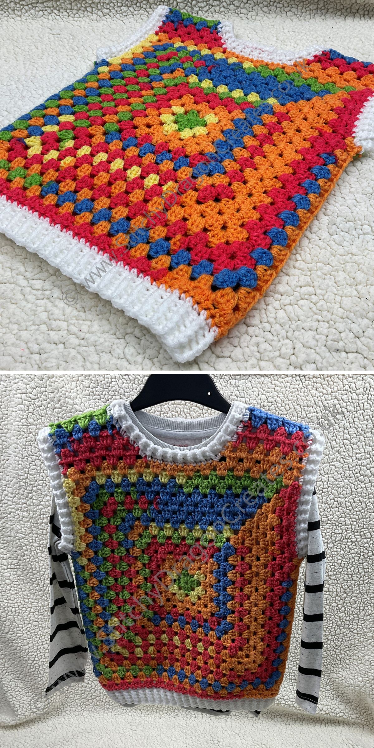 a multicolored crochet vest worked in granny stitches