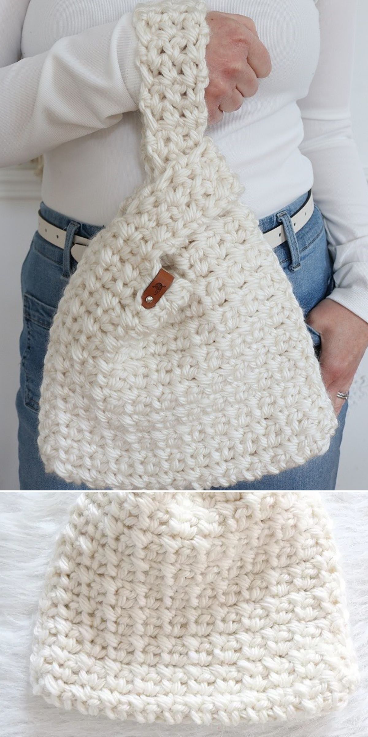 a white chunky crochet knot bag
