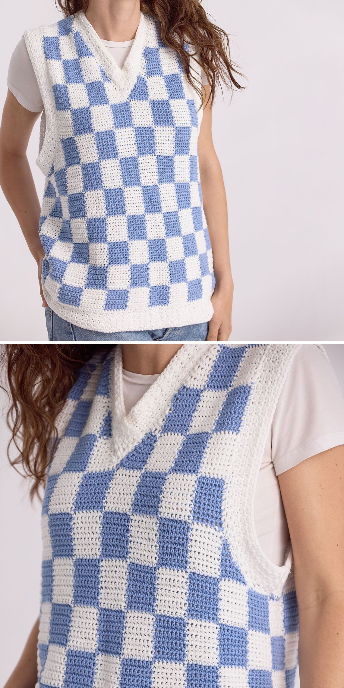 a woman wearing a chequered crochet vest in white and blue
