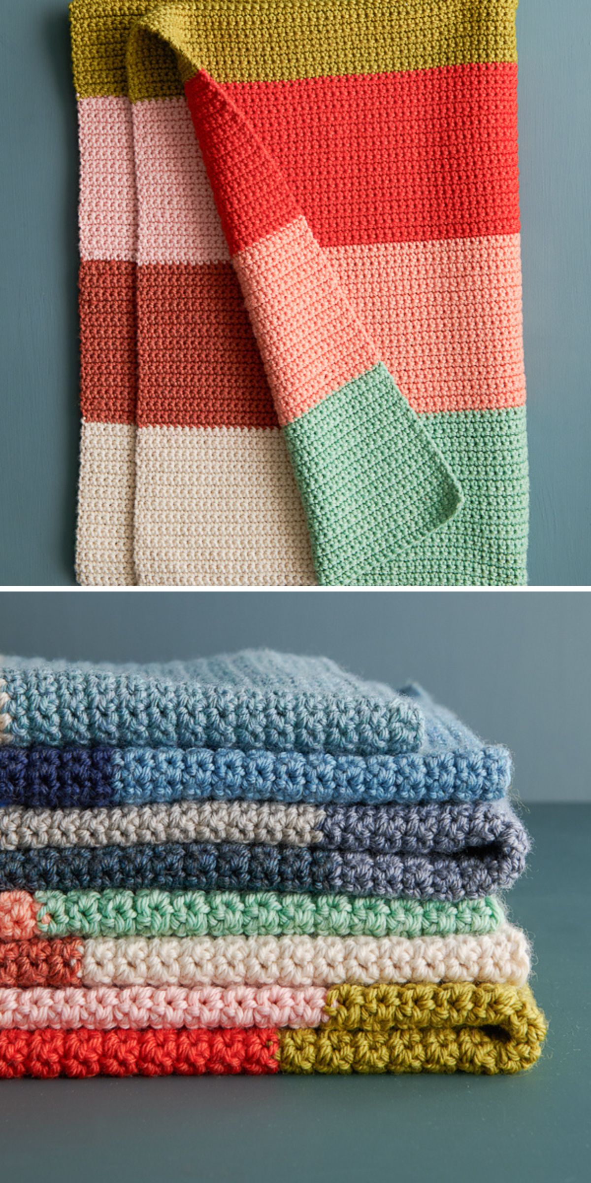 a crochet blanket featuring differently colored blocks