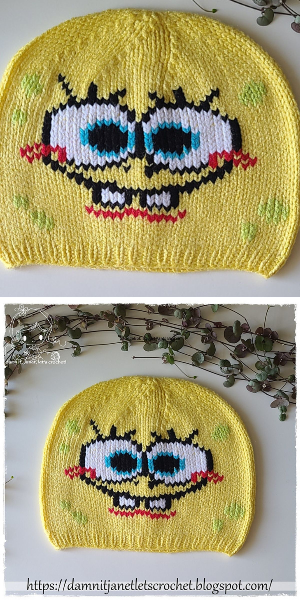 Knitted yellow hat featuring a cartoon Sponge Bob face design with large eyes, prominent eyelashes, and a wide smile. Perfect as a cheerful knit baby hat. Website URL is visible at the bottom of the image.