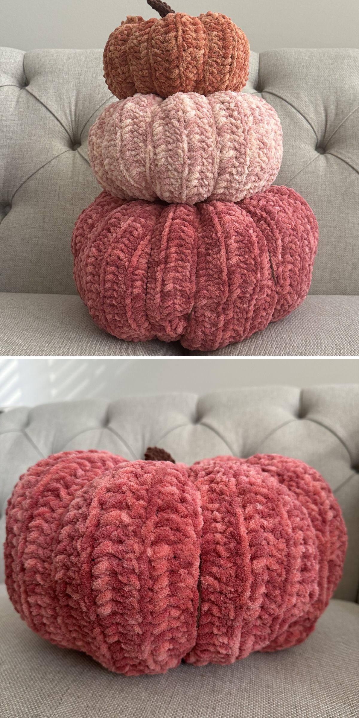 three crochet pumpkin pillows stacked one on another