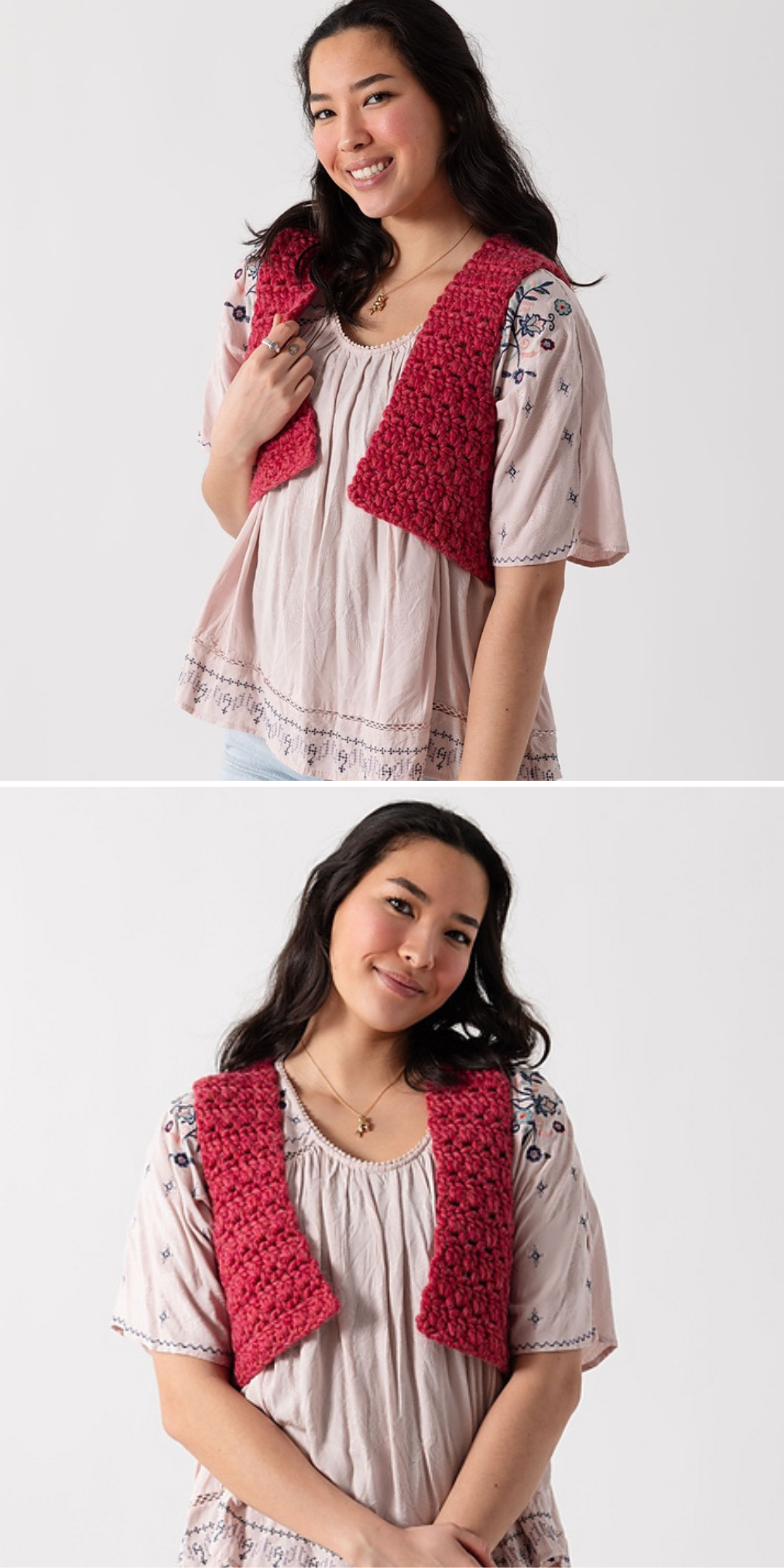 a woman wearing a red cropped crochet vest