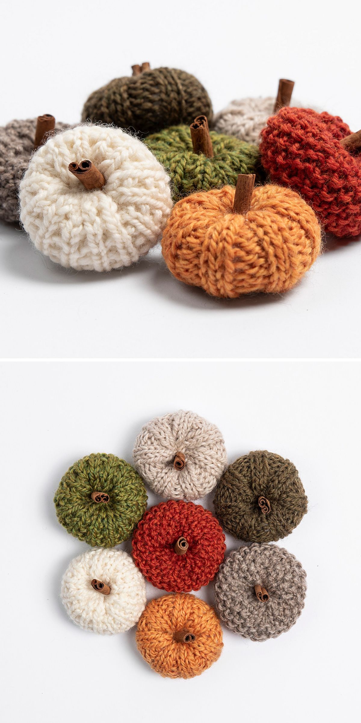 a set of knitted pumpkin in different colors