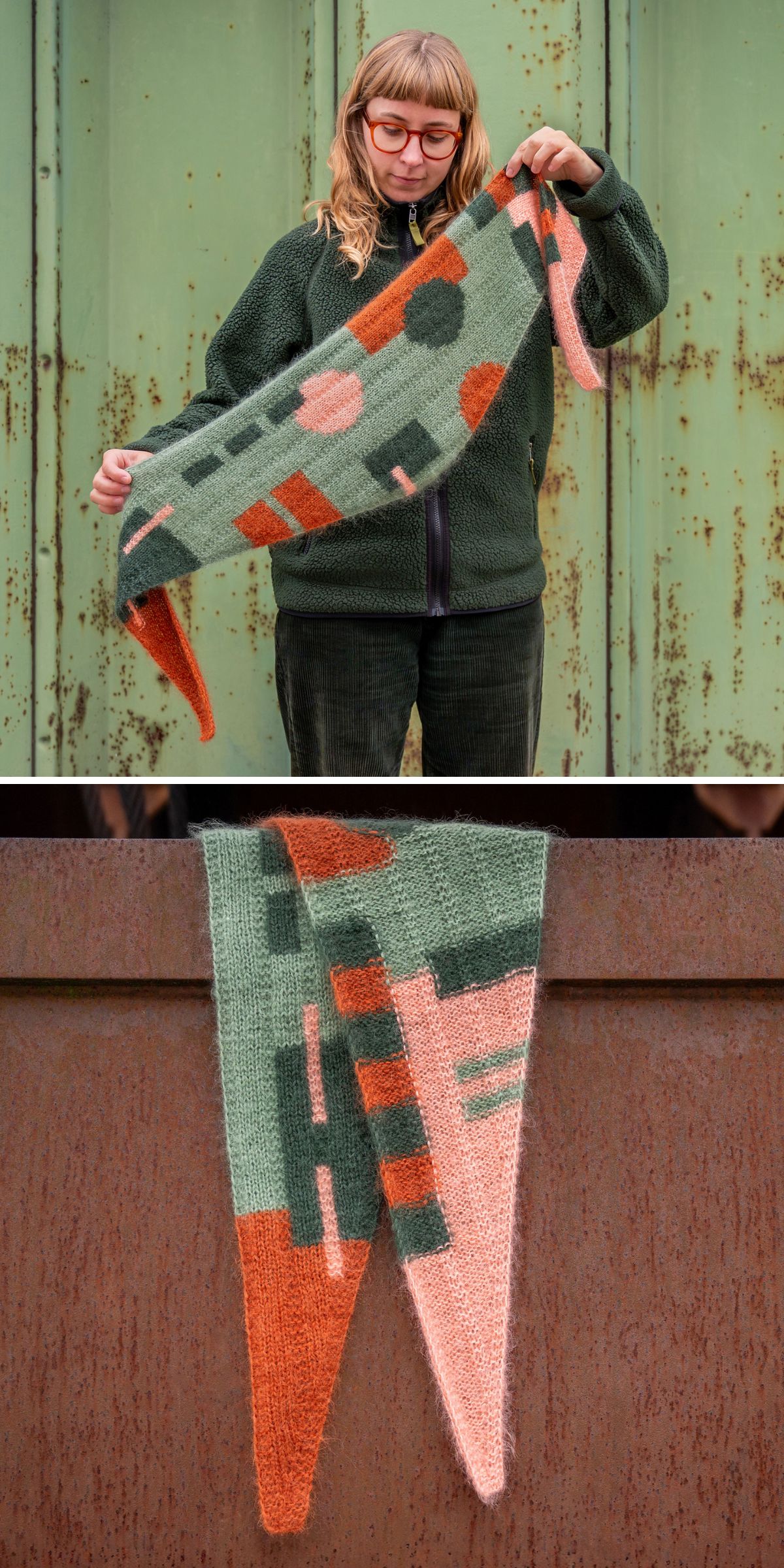 A person holds a geometric-patterned knitted bandana in green, rust, and peach tones. The scarf is also shown draped over a rust-colored surface.