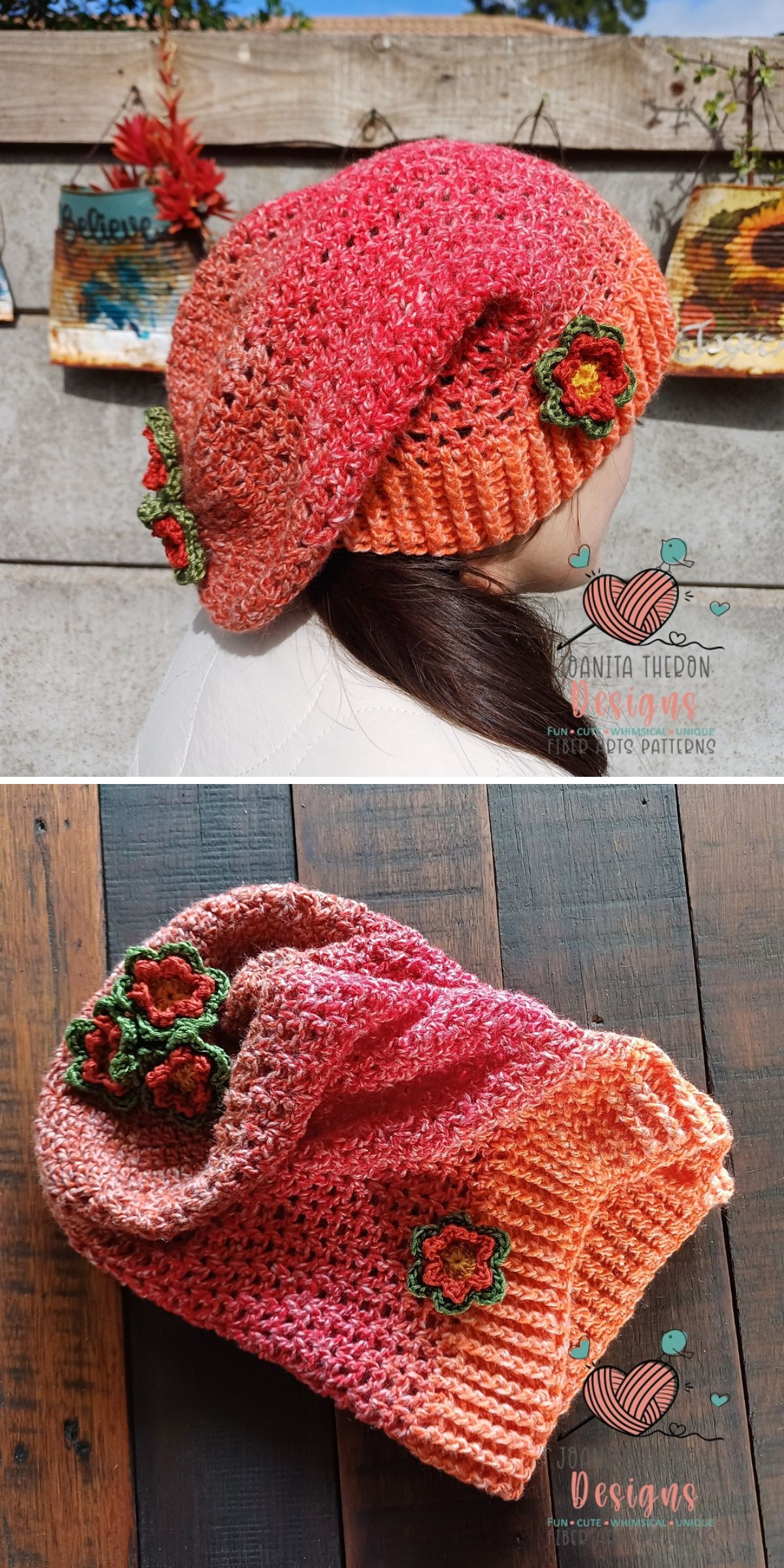 a crochet beanie in a red ombre shade