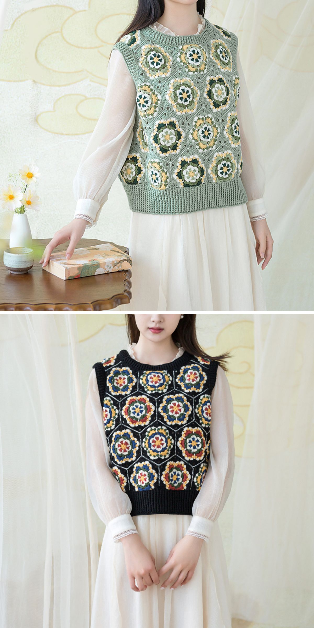 a crochet vest constructed from flower hexagons