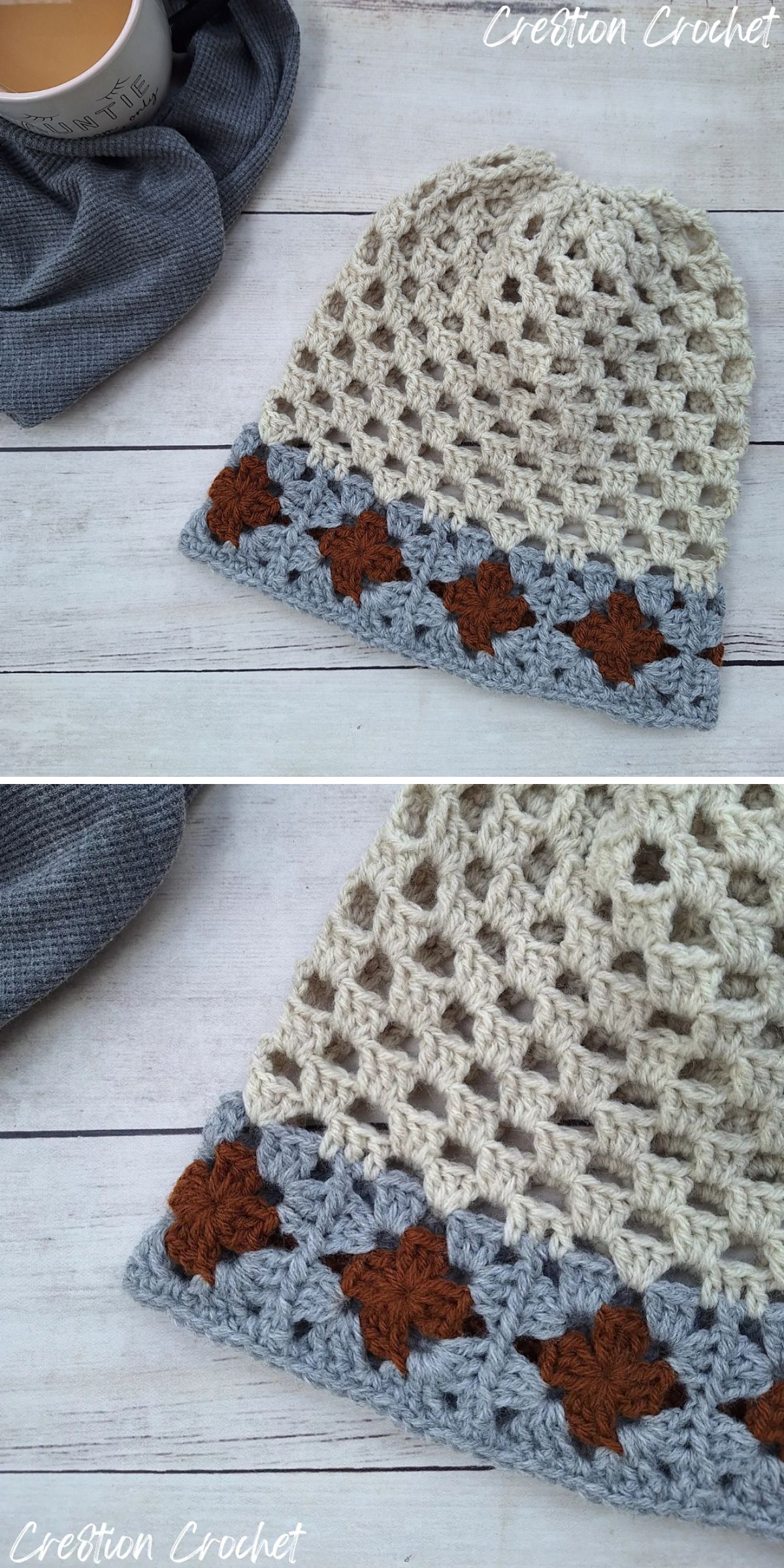 a crochet beanie with an open-stitch texture