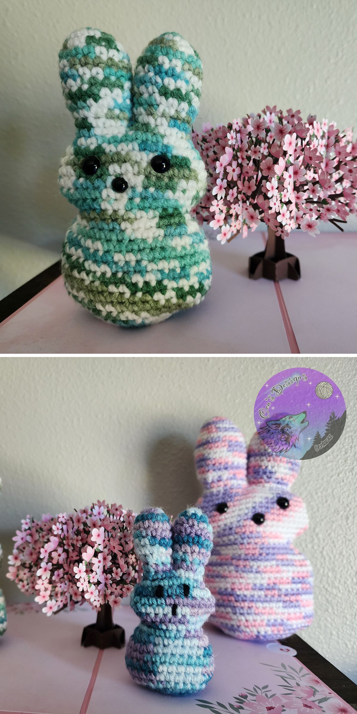 Two photos show amigurumi bunny figures crocheted in multicolored yarn, placed beside pink blossoming artificial trees on a flat surface. Each image highlights different bunnies and unique tree arrangements.