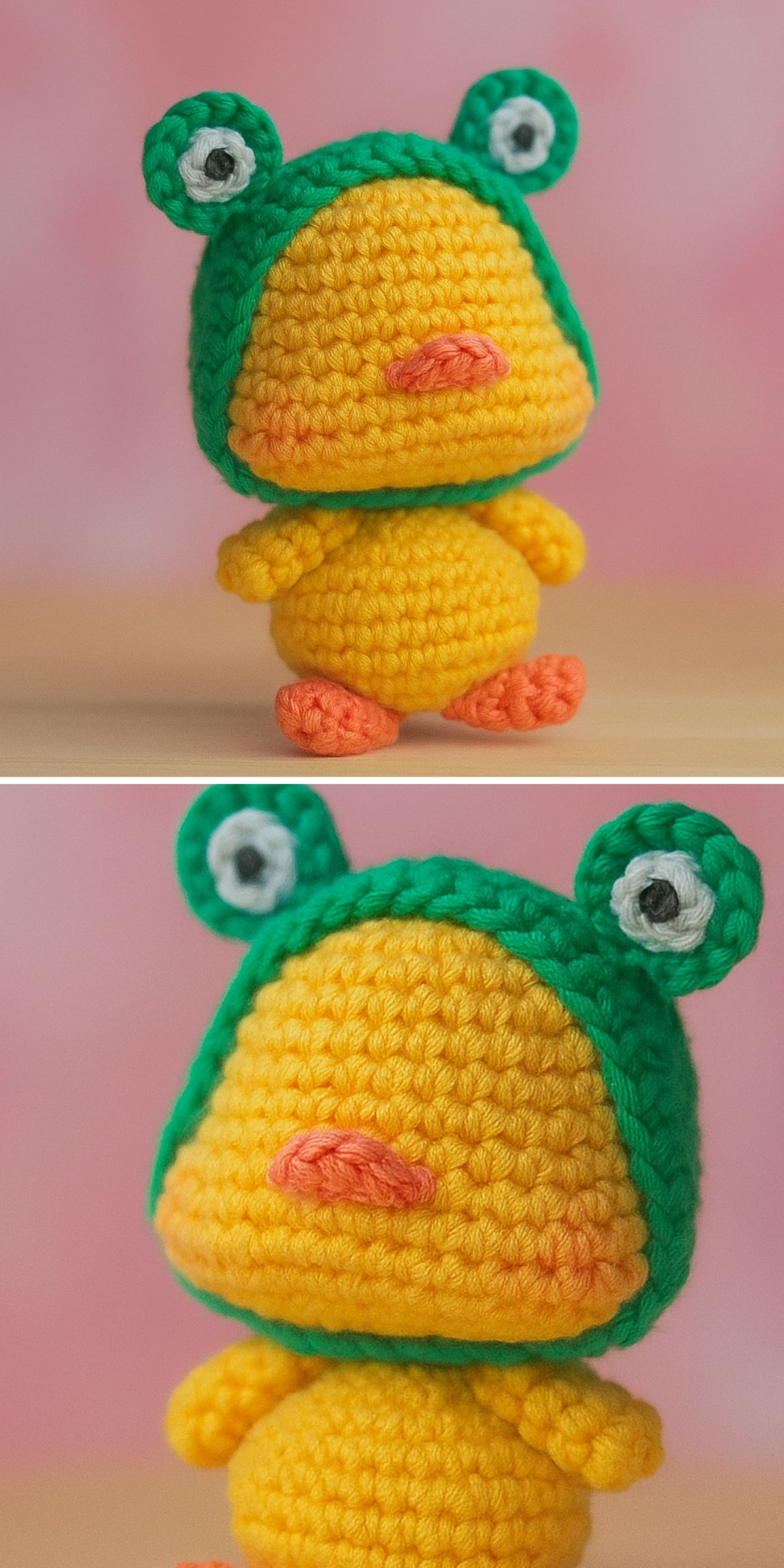 A yellow crocheted plush toy made using Crochet Duck Patterns, with orange feet and beak, wears a green hood with frog eyes and is shown from two angles on a pink background.