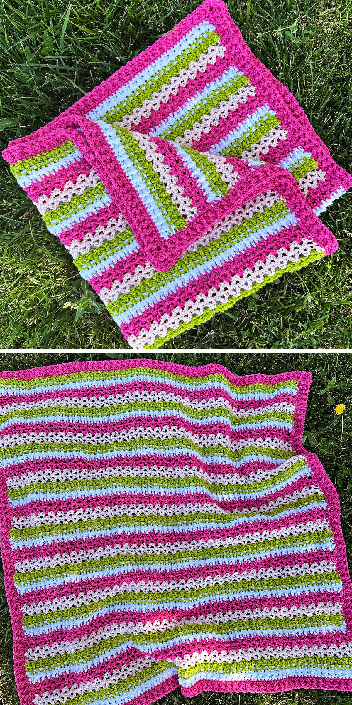a crochet blanket featuring vibrant stripes in pink, white and yellow