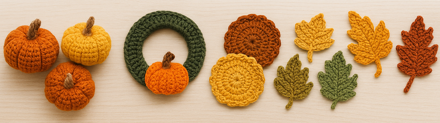 Handmade crochet fall decor items including pumpkins, a wreath, coasters, and autumn leaves arranged in warm seasonal colors.