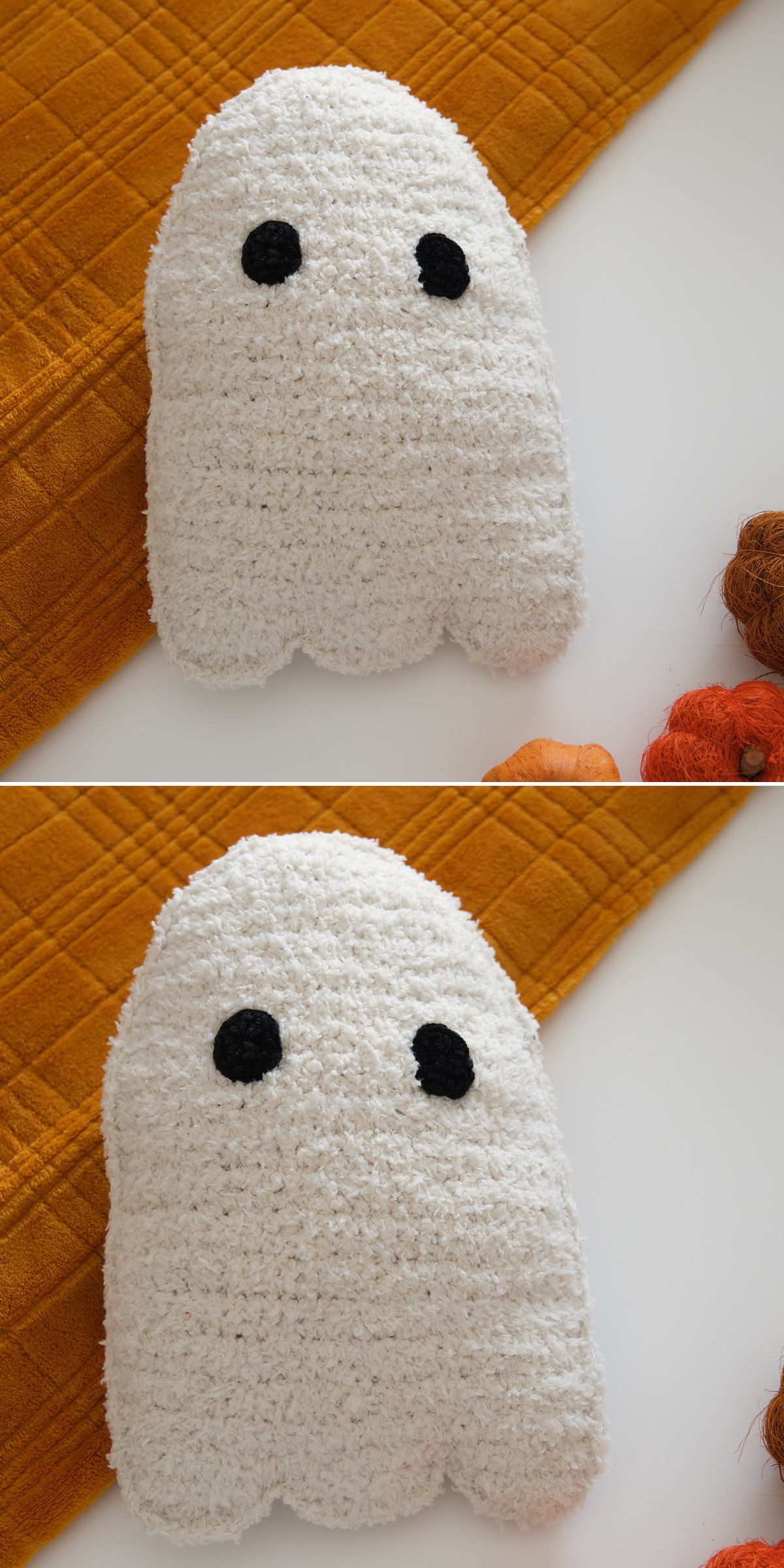 a white crochet pillow shaped like a ghost