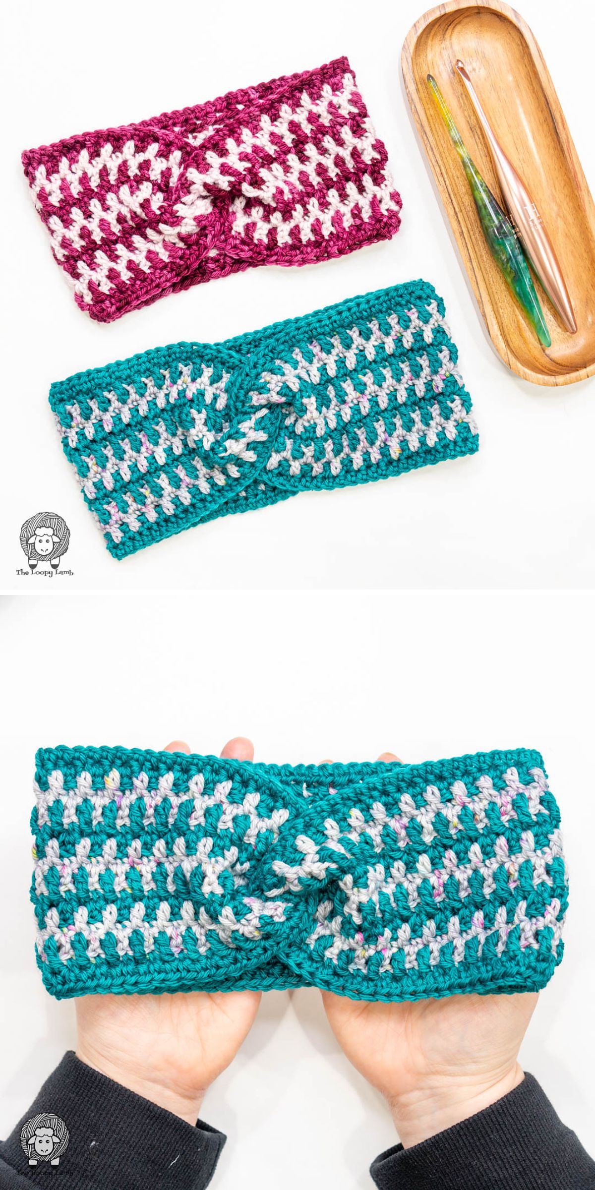 two crochet headbands featuring colorful striped designs