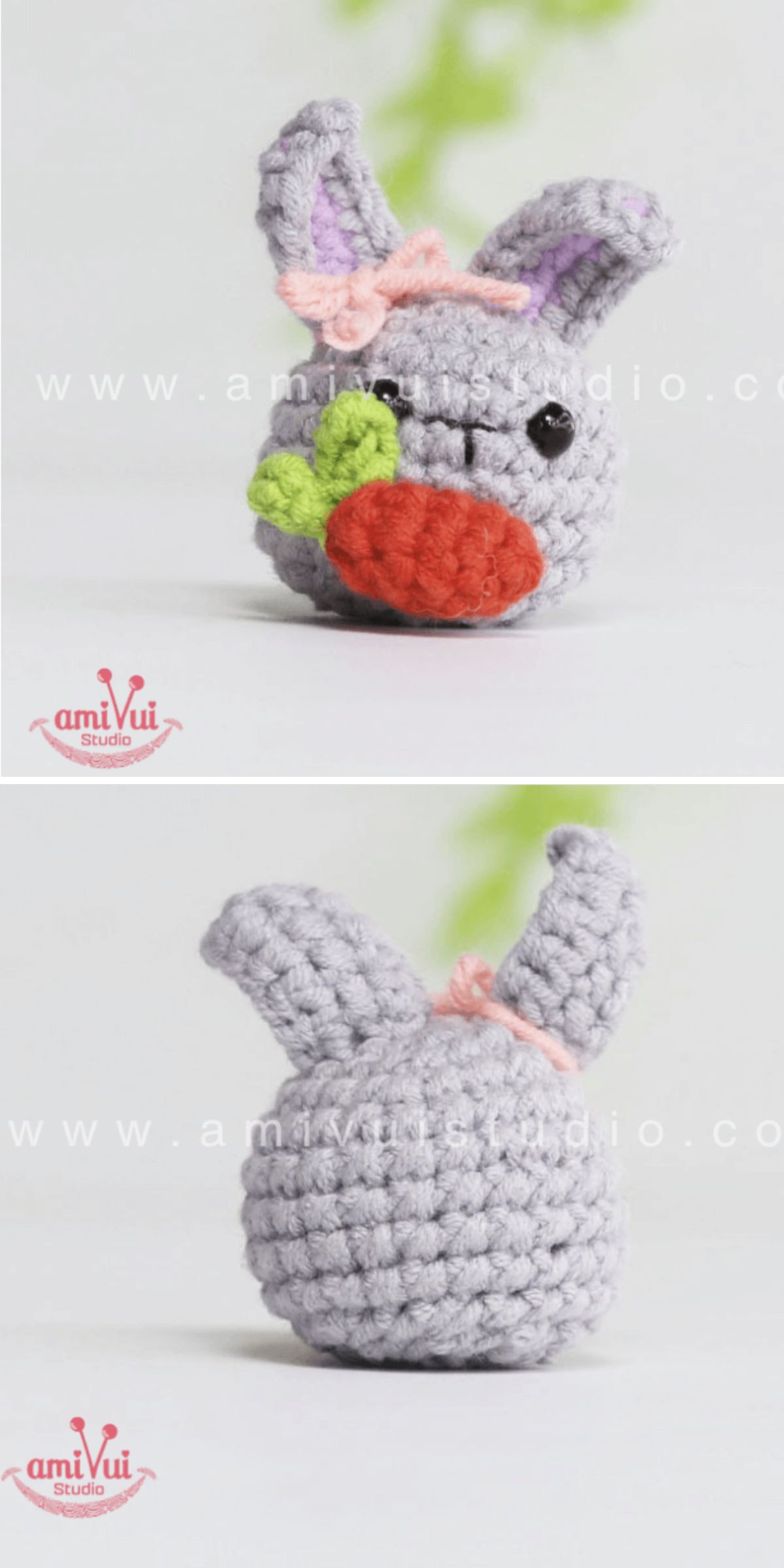 Hand-crocheted amigurumi bunny plush in gray with a pink bow and an orange carrot, shown from the front and back.