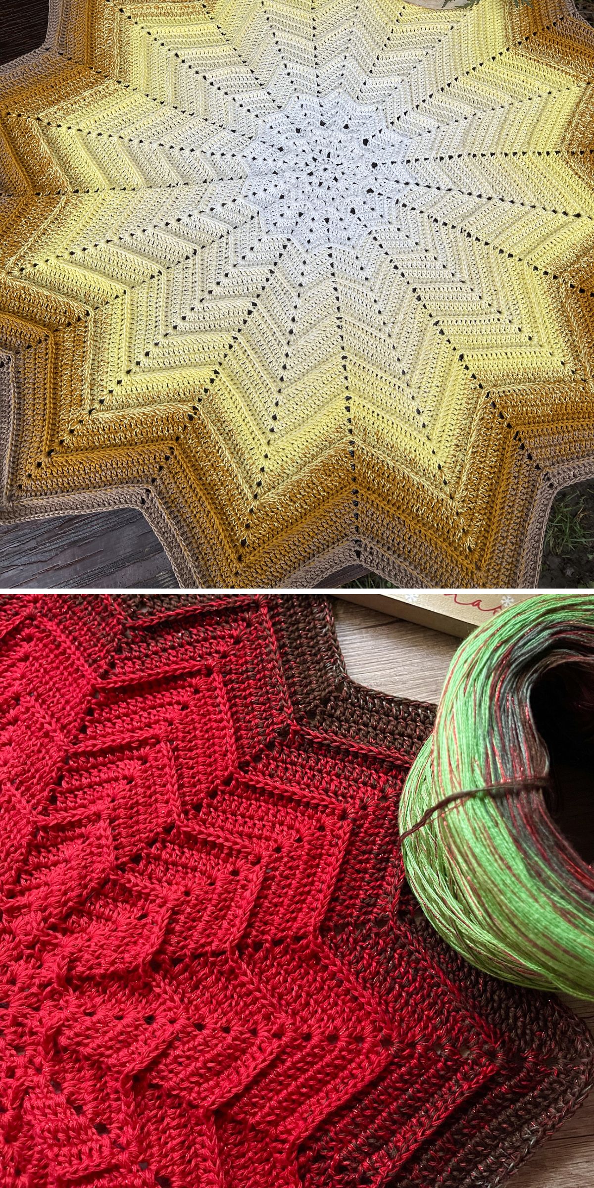 Two crocheted star-shaped blankets: the top blanket features a gradient from white to yellow, while the bottom showcases shades of red to brown, displayed beside a skein of green and brown yarn.