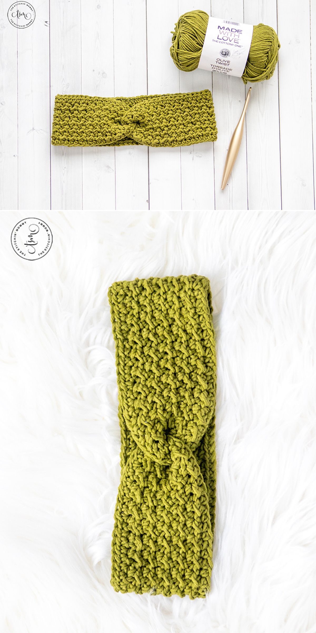 a green crocheted headband with a twisted front