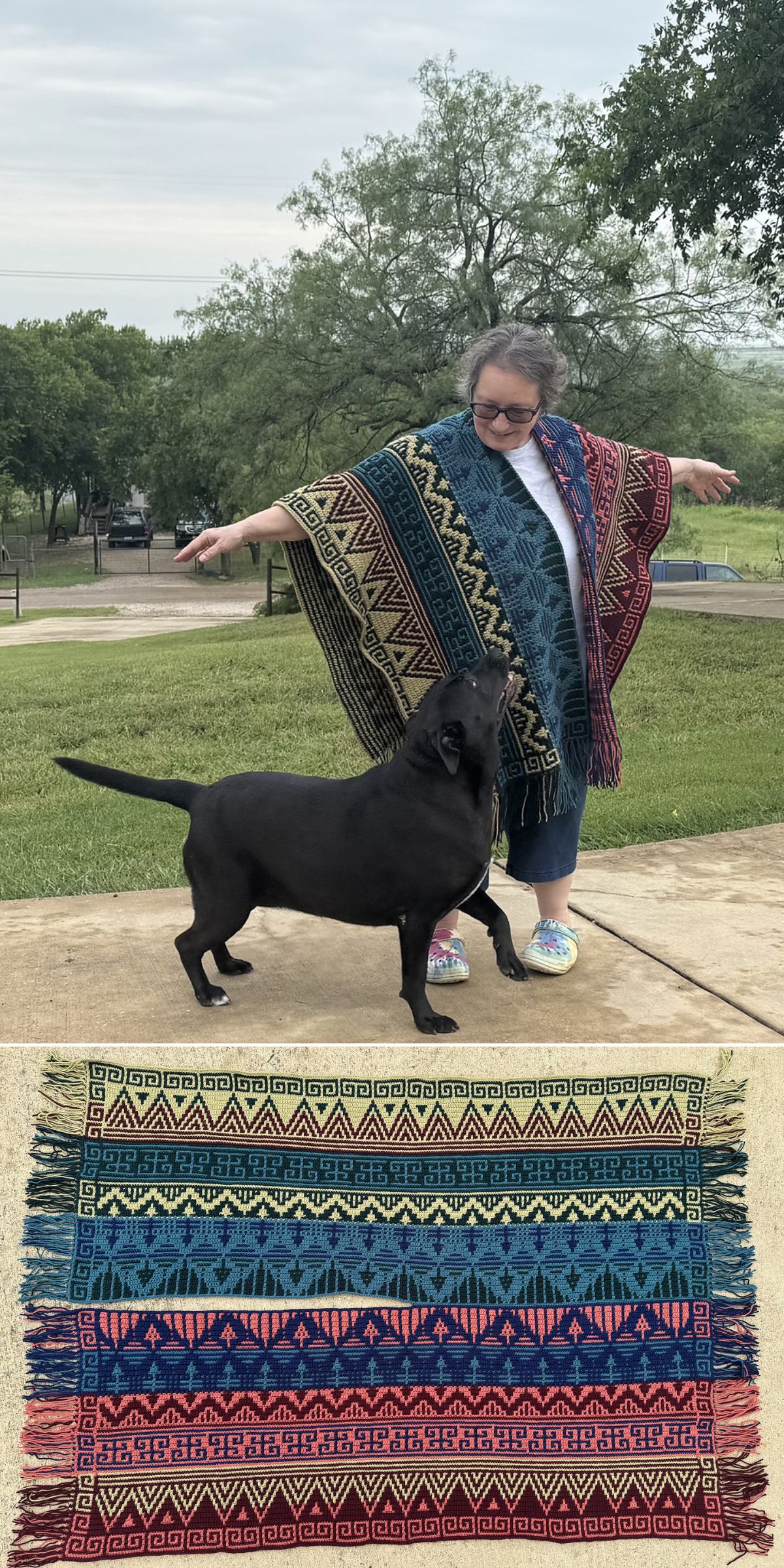 a woman wearing a mosaic crochet poncho