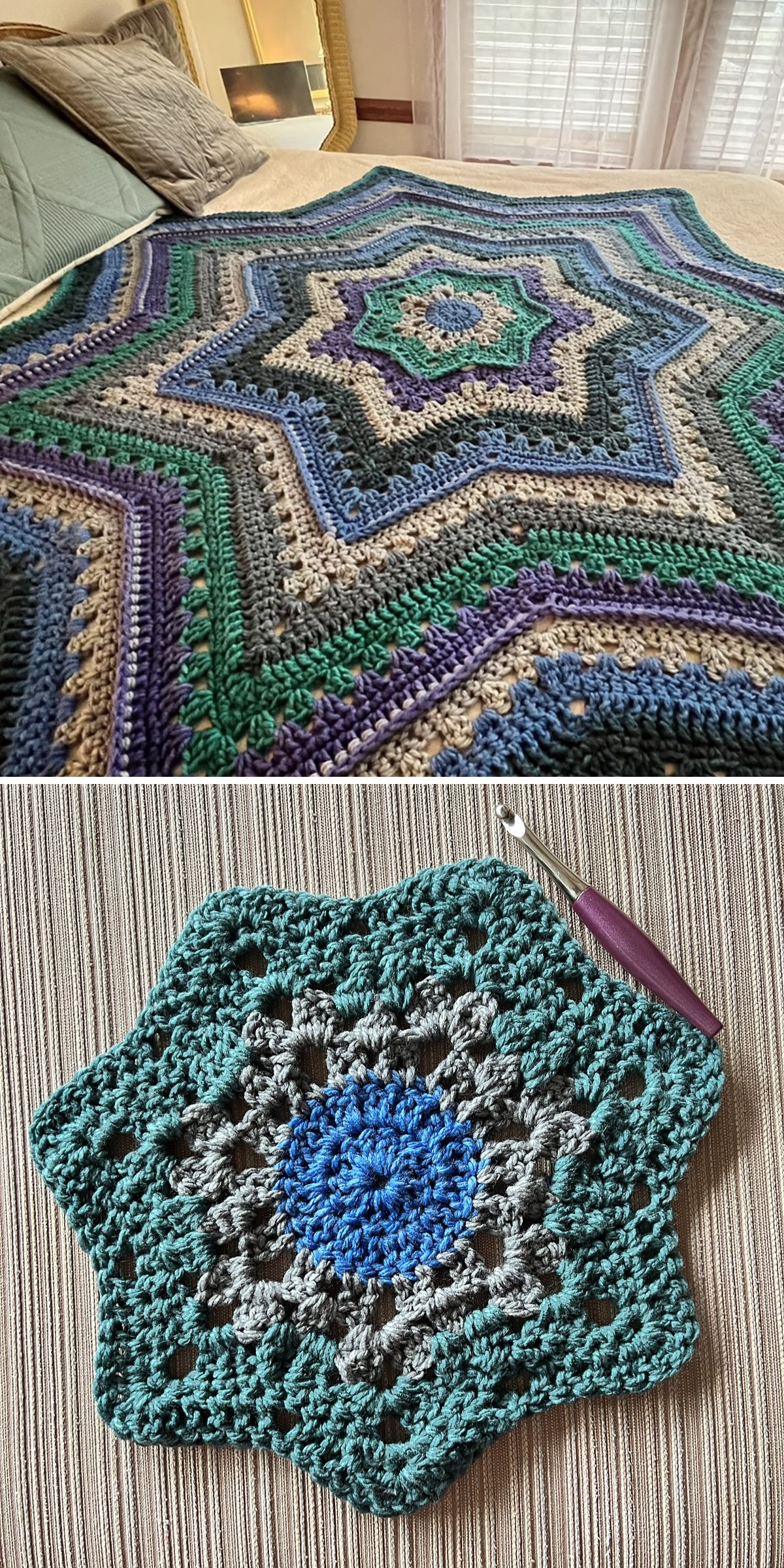 Two crochet projects: the top image features a large, multicolored star-shaped blanket on a bed; the bottom shows a smaller, teal star-shaped crochet piece with a hook attached.