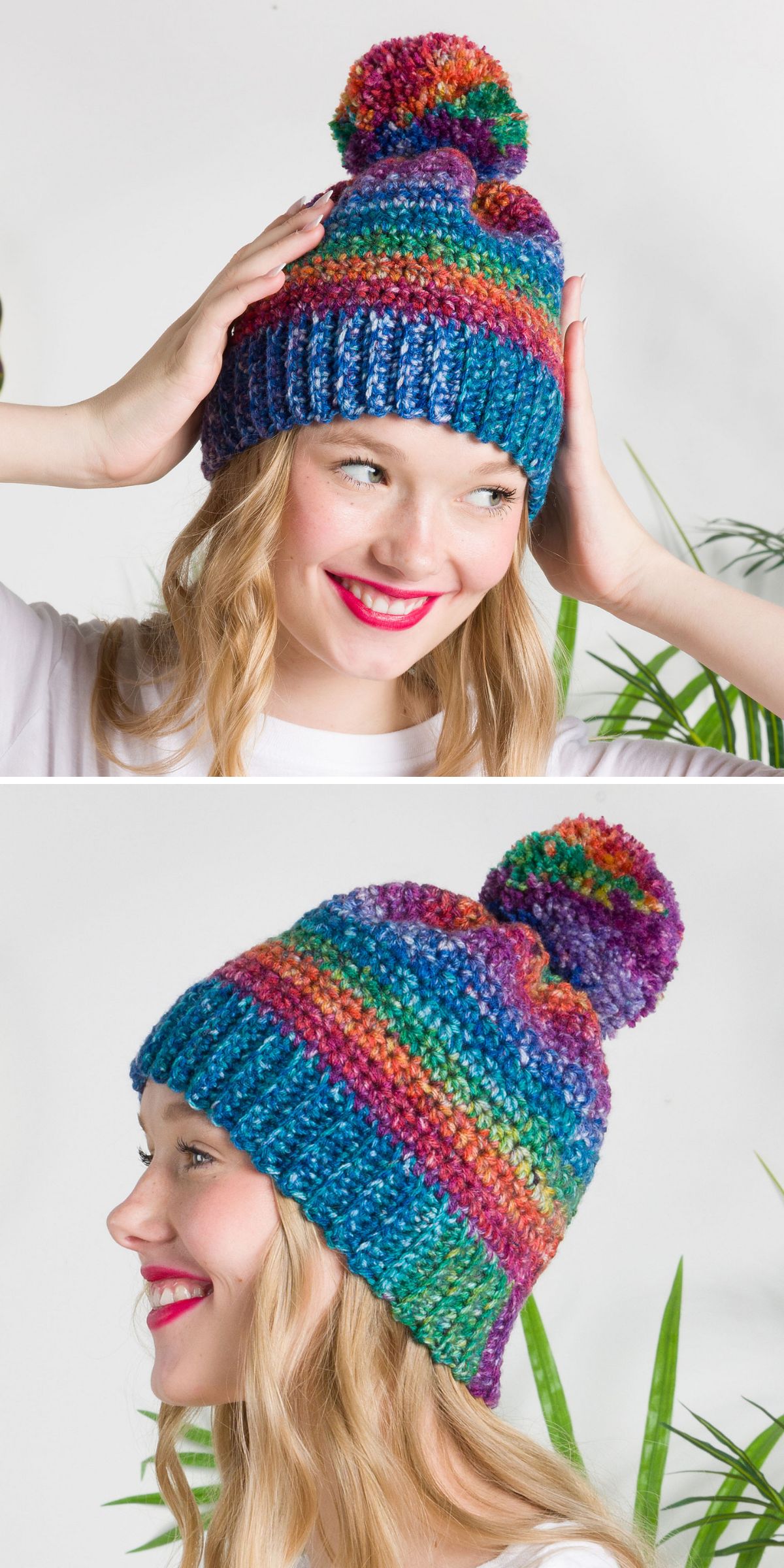 a multicolored crochet beanie with a pompom