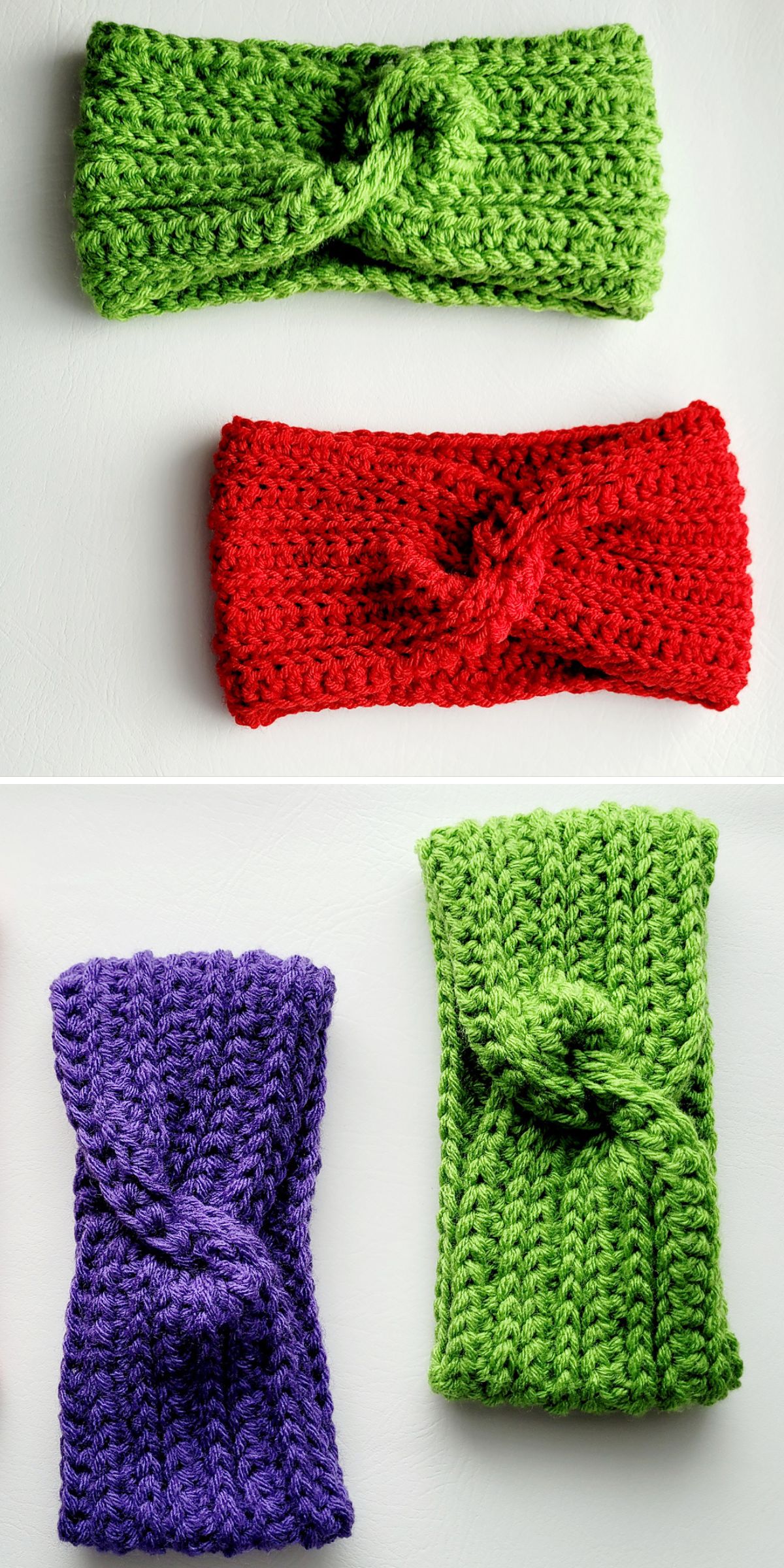 three crochet headbands in deep red, blue and green