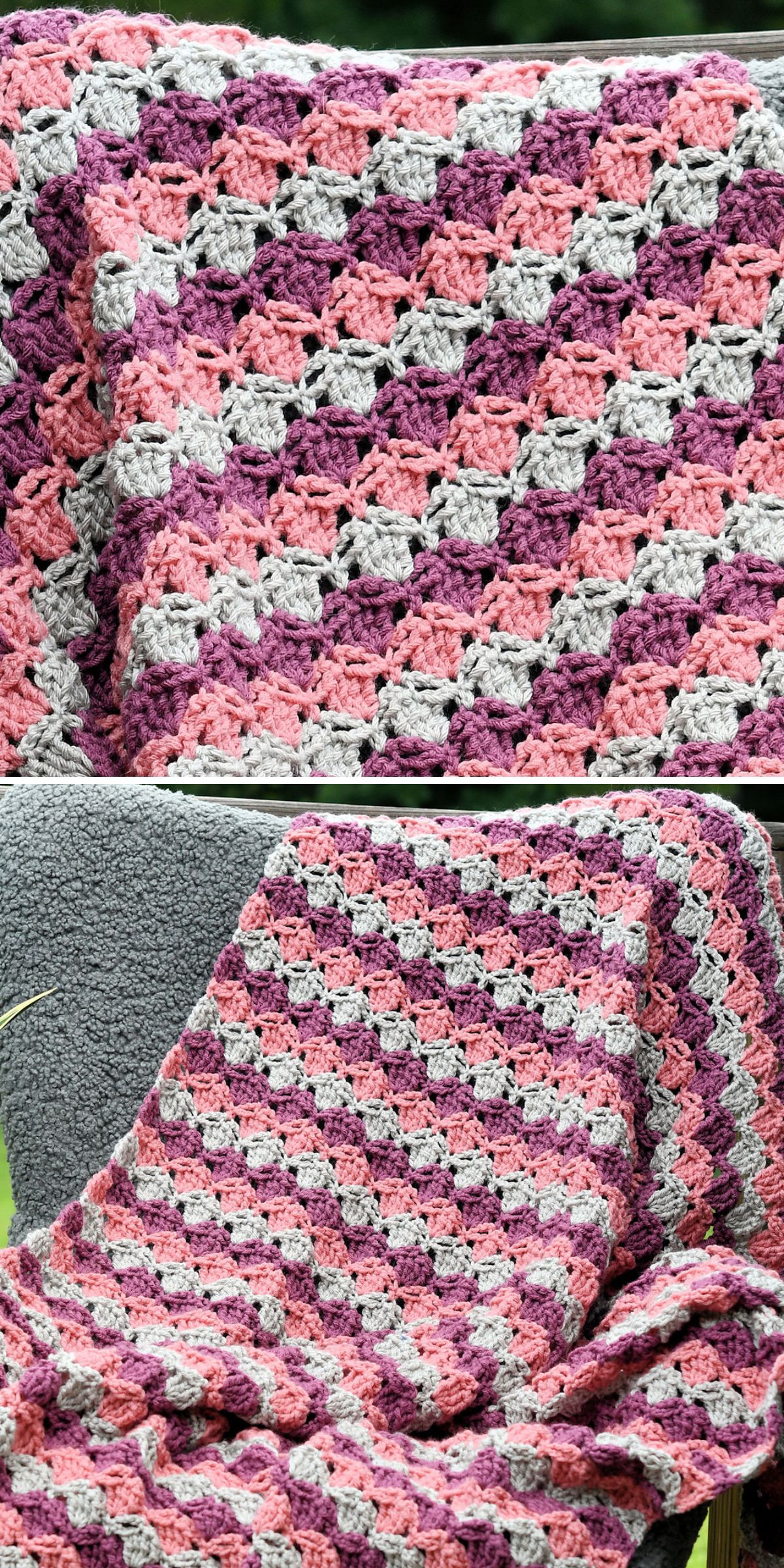 a striped crochet throw in pink, purple and violet