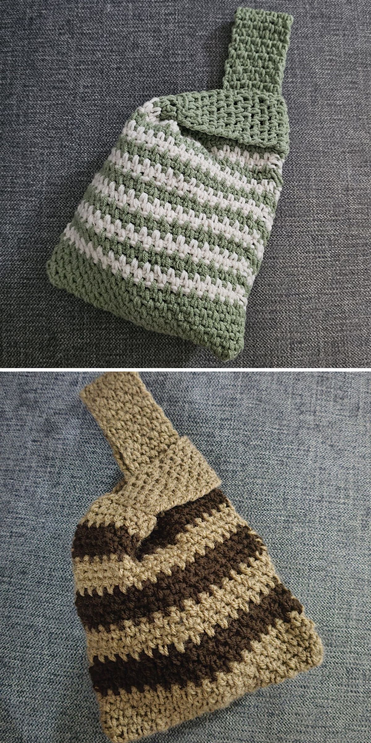 a striped crocheted knot bag