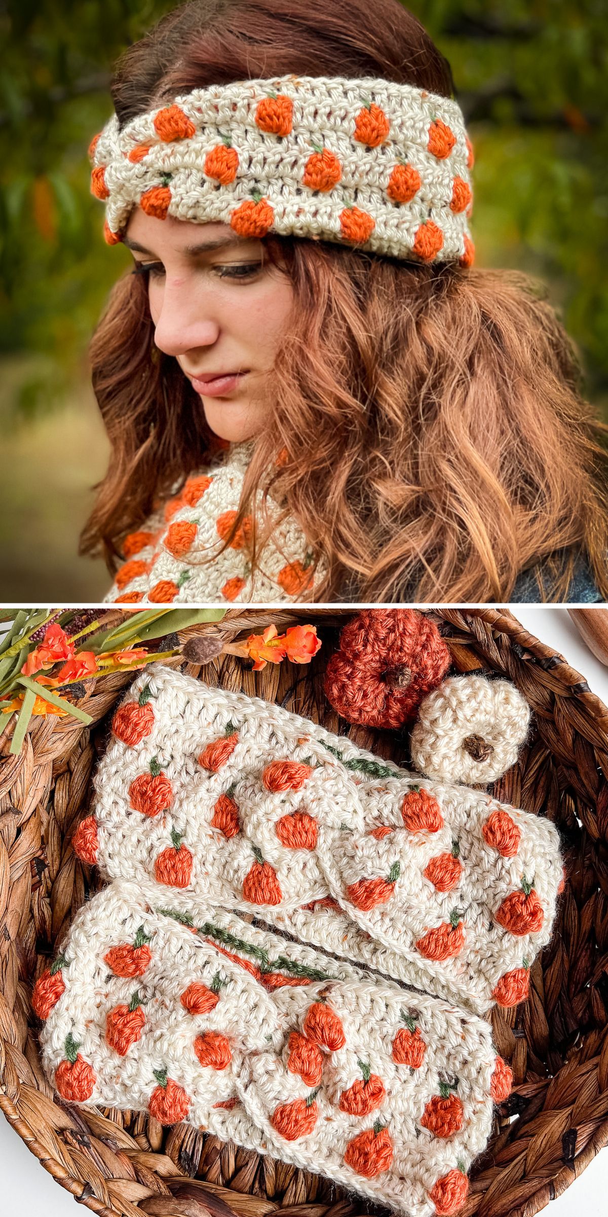 lovely twisted crochet headband with pumpkins made with popcorn stitch