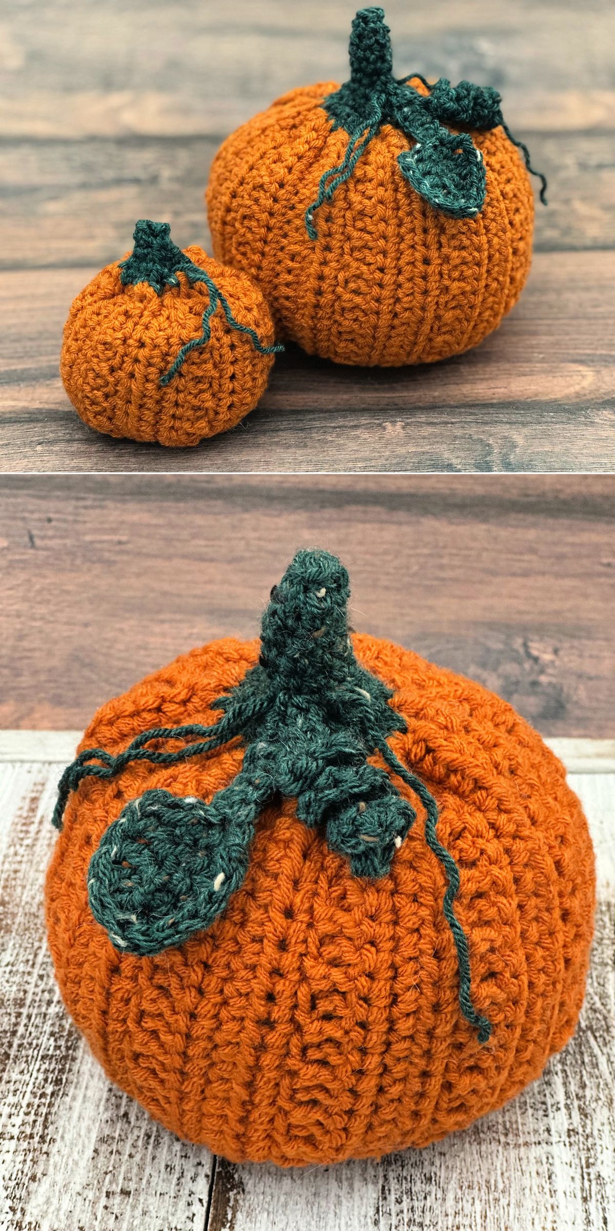 two orange crocheted pumpkins