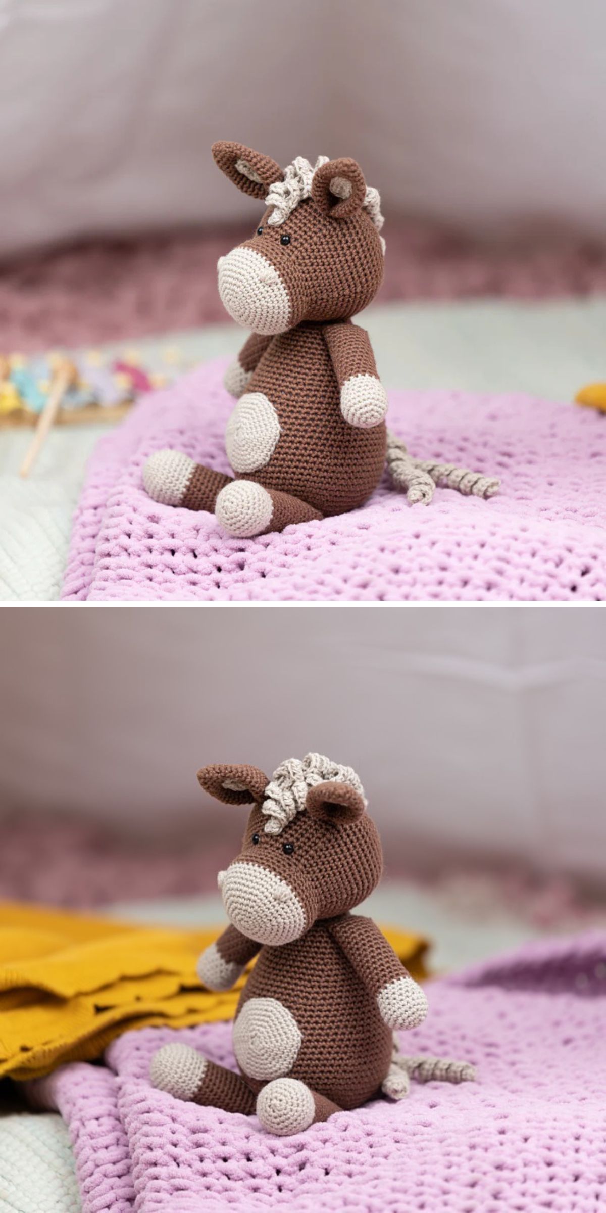 A crochet horse amigurumi in brown and beige sits on a textured lavender blanket, shown from a side view in the top image and a front angle in the bottom image.