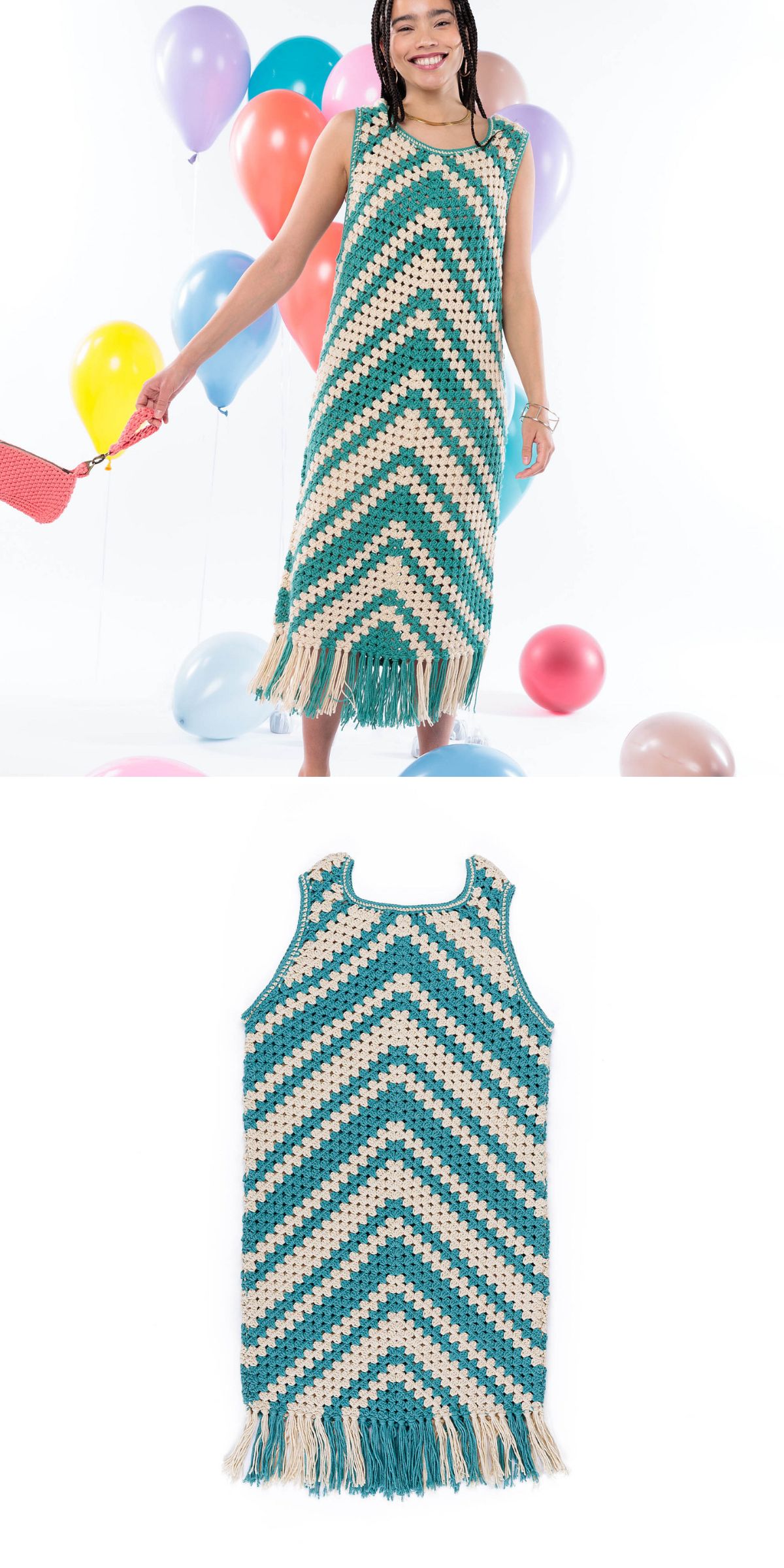 a long crochet dress with tassels at the bottom